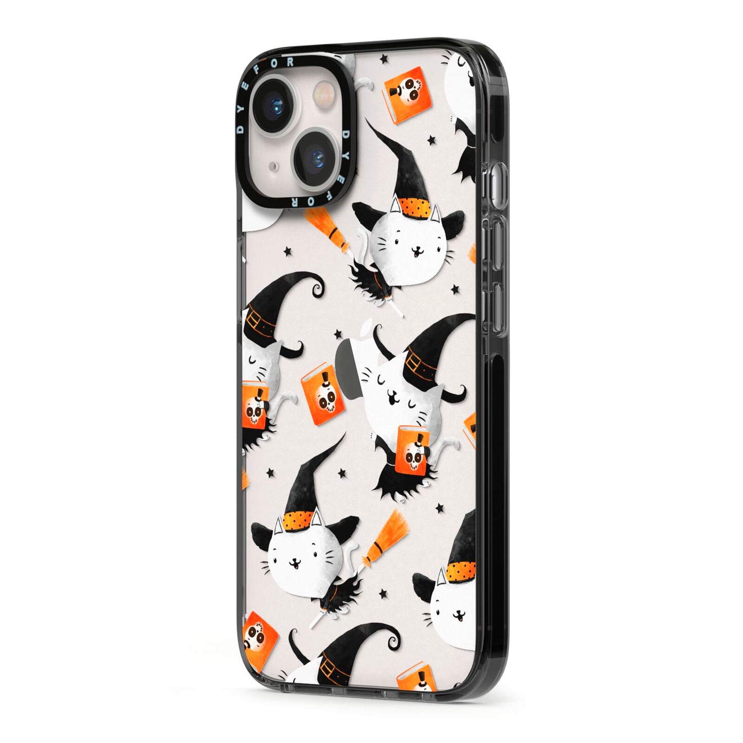 Cute Halloween Cats iPhone 13 Black Impact Case Side Angle on Silver phone