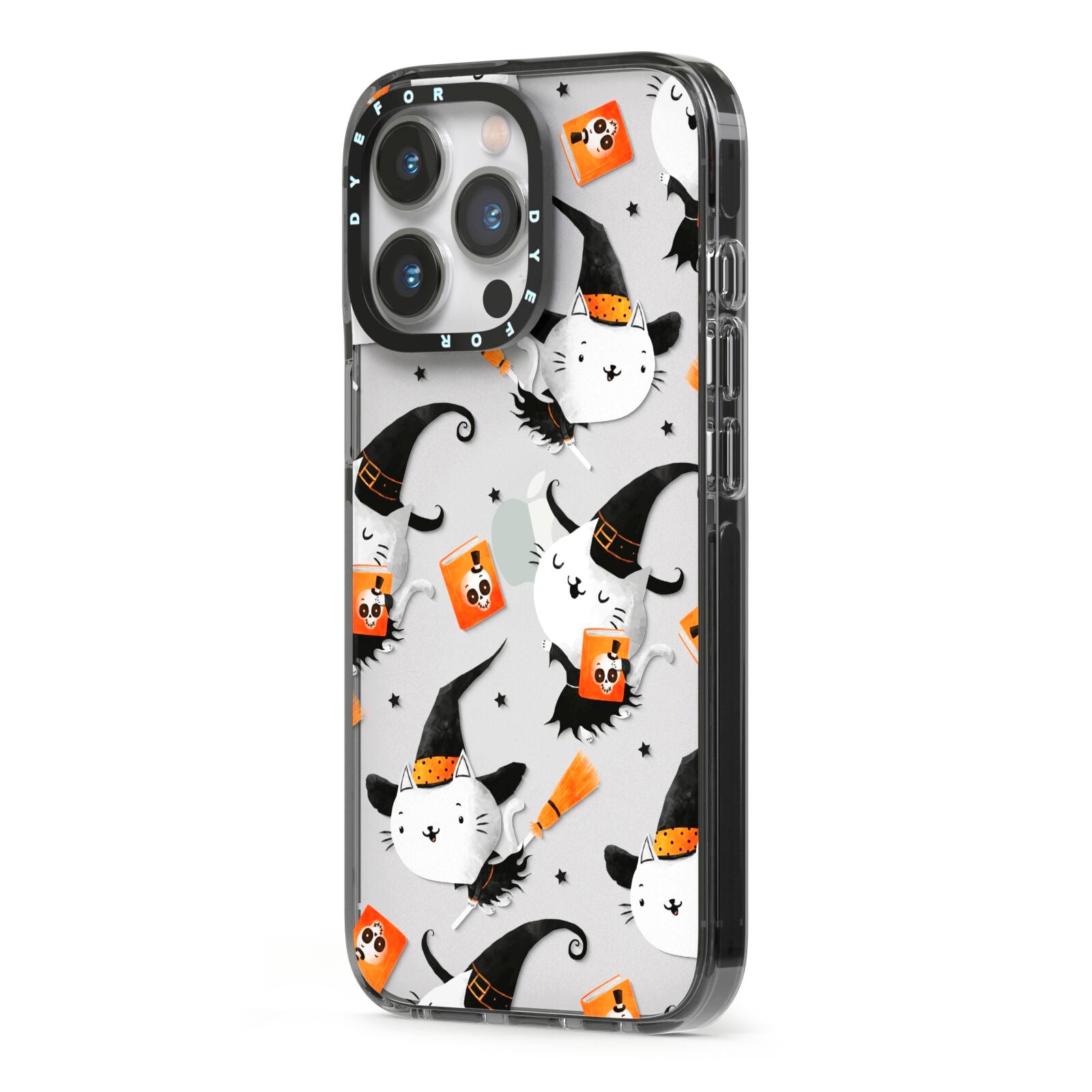 Cute Halloween Cats iPhone 13 Pro Black Impact Case Side Angle on Silver phone