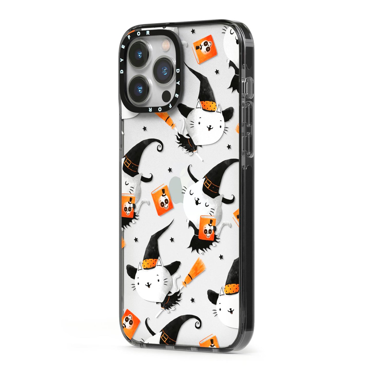 Cute Halloween Cats iPhone 13 Pro Max Black Impact Case Side Angle on Silver phone