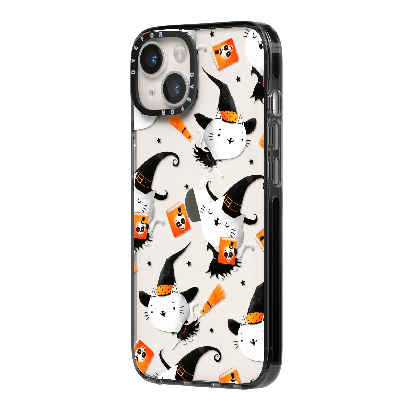 Cute Halloween Cats iPhone 14 Black Impact Case Side Angle on Silver phone