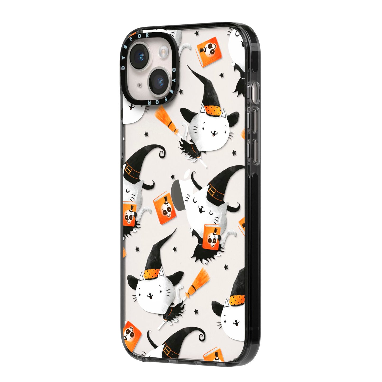 Cute Halloween Cats iPhone 14 Plus Black Impact Case Side Angle on Silver phone