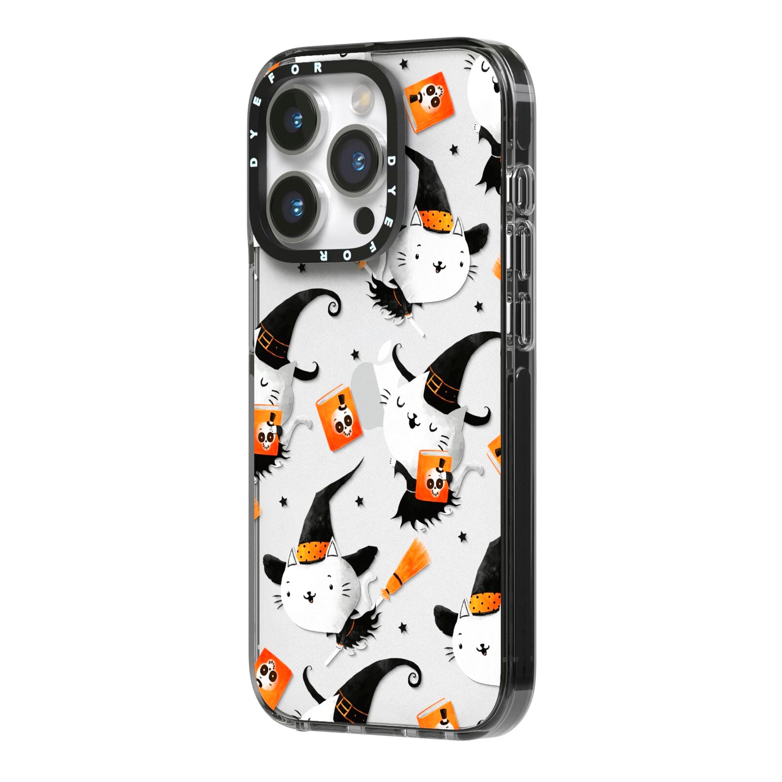 Cute Halloween Cats iPhone 14 Pro Black Impact Case Side Angle on Silver phone