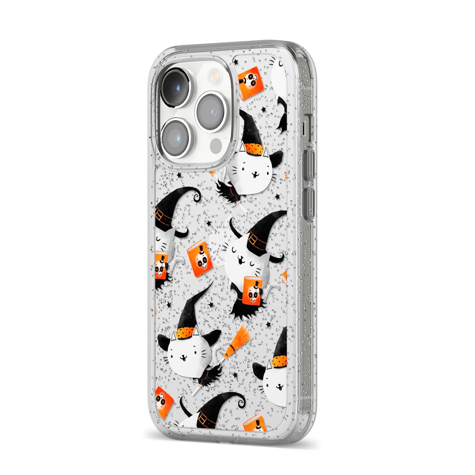 Cute Halloween Cats iPhone 14 Pro Glitter Tough Case Silver Angled Image