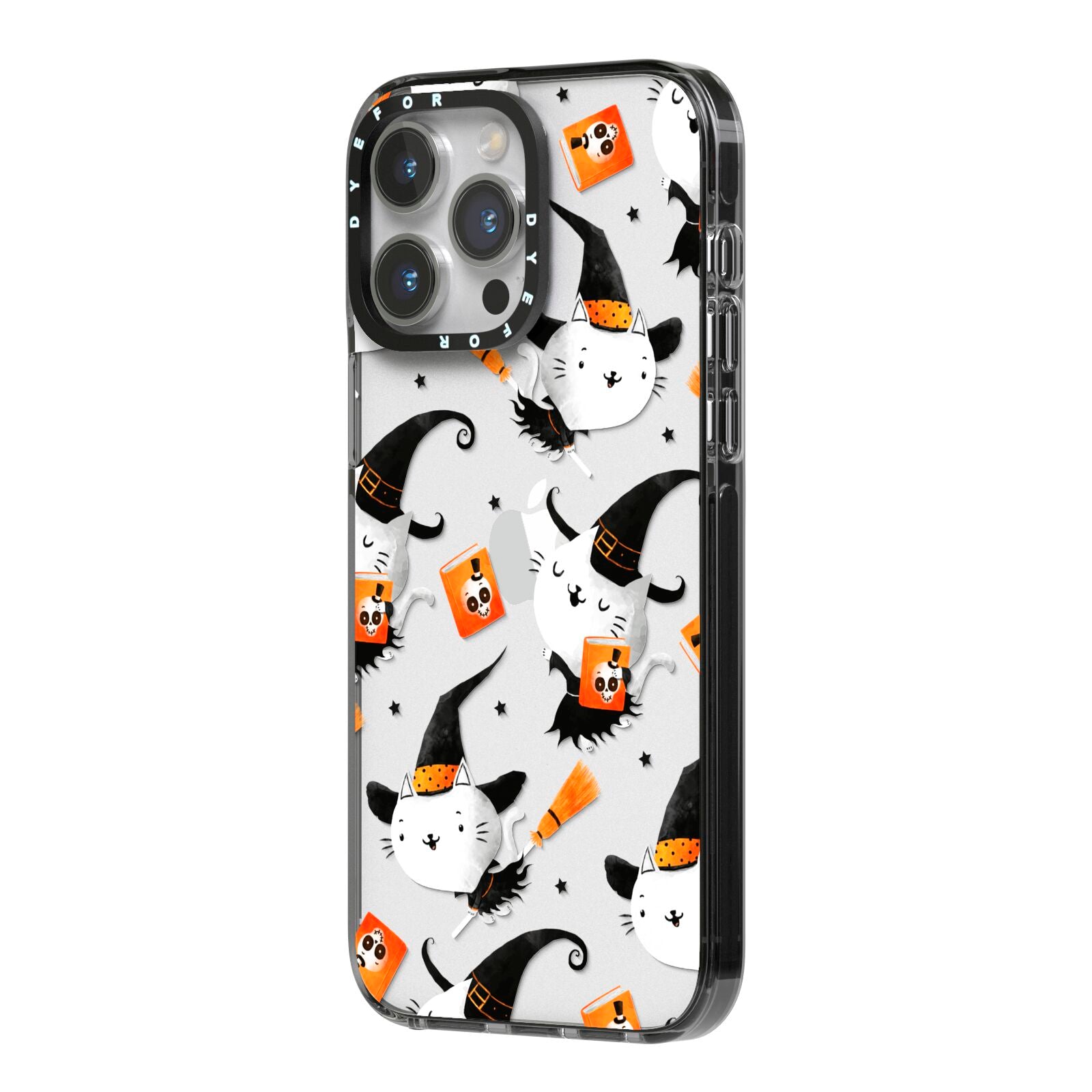 Cute Halloween Cats iPhone 14 Pro Max Black Impact Case Side Angle on Silver phone