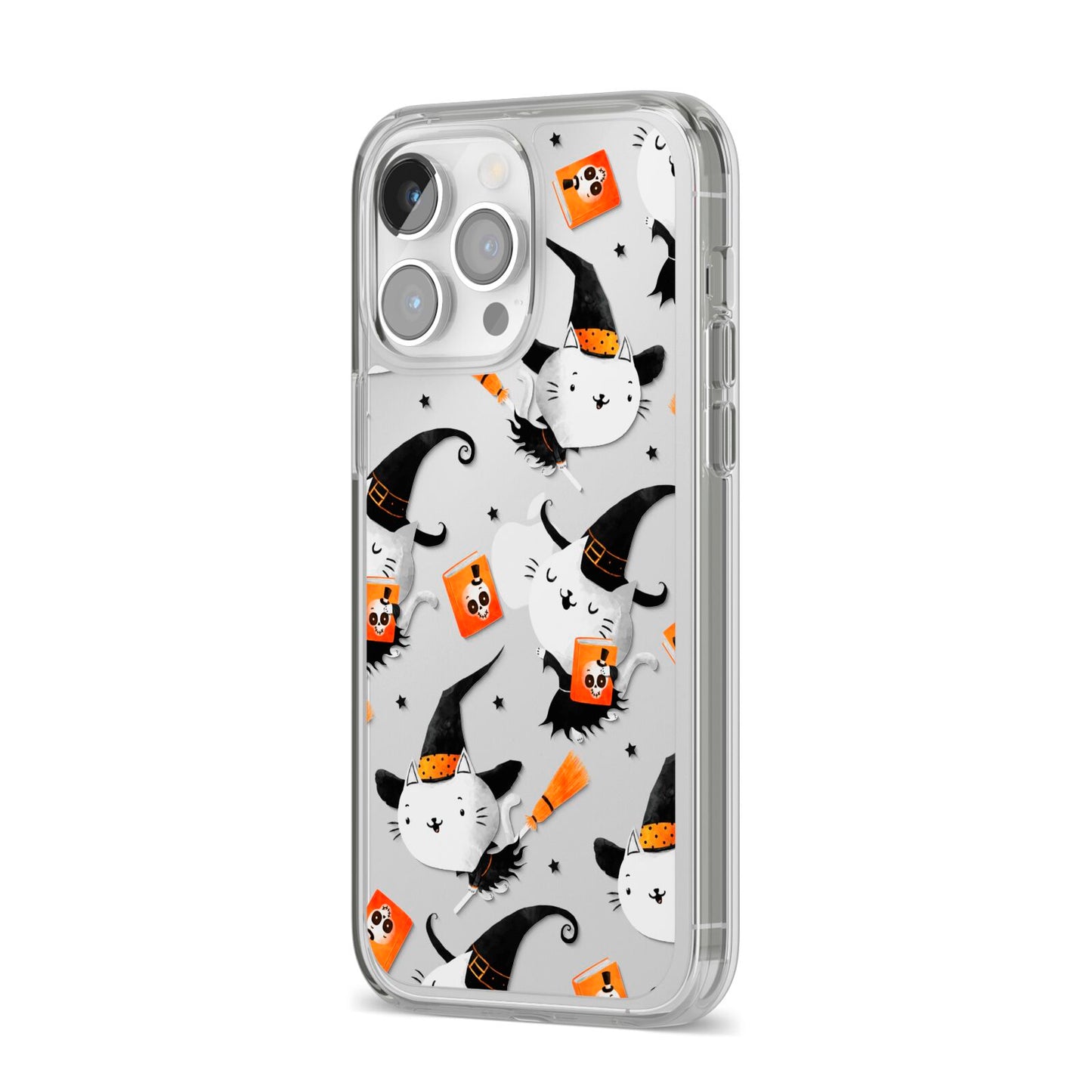 Cute Halloween Cats iPhone 14 Pro Max Clear Tough Case Silver Angled Image