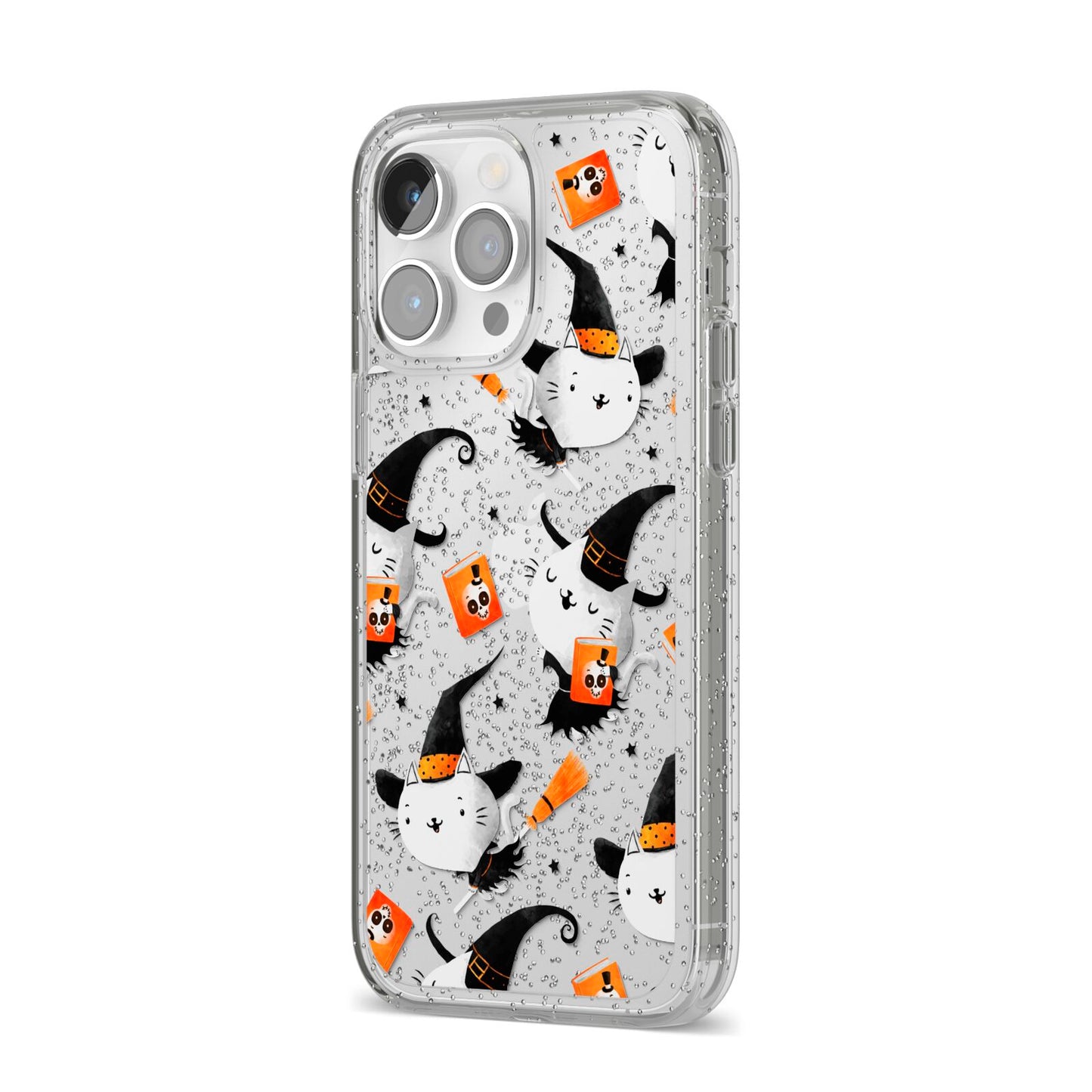Cute Halloween Cats iPhone 14 Pro Max Glitter Tough Case Silver Angled Image