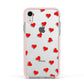 Cute Red Hearts Apple iPhone XR Impact Case Pink Edge on Silver Phone
