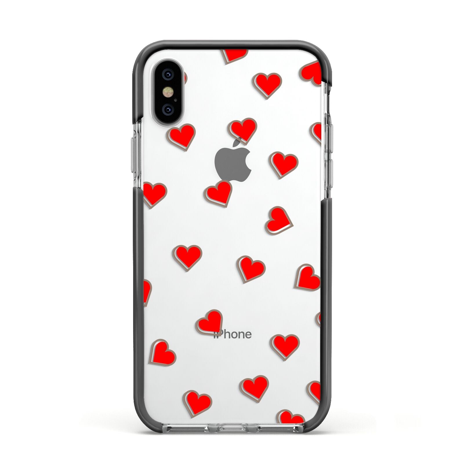 Cute Red Hearts Apple iPhone Xs Impact Case Black Edge on Silver Phone