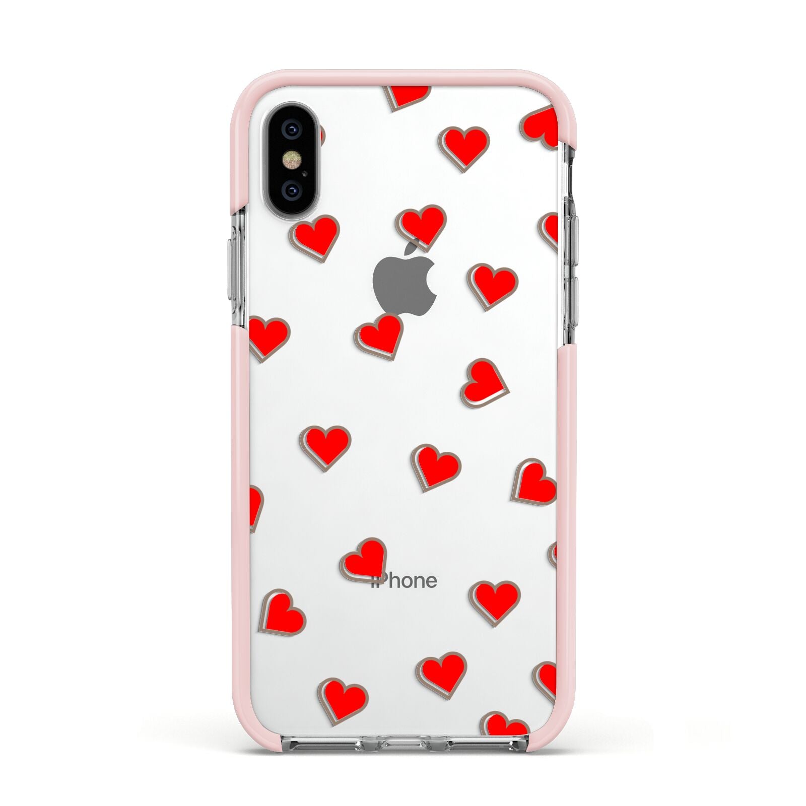 Cute Red Hearts Apple iPhone Xs Impact Case Pink Edge on Silver Phone
