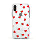 Cute Red Hearts Apple iPhone Xs Impact Case White Edge on Silver Phone