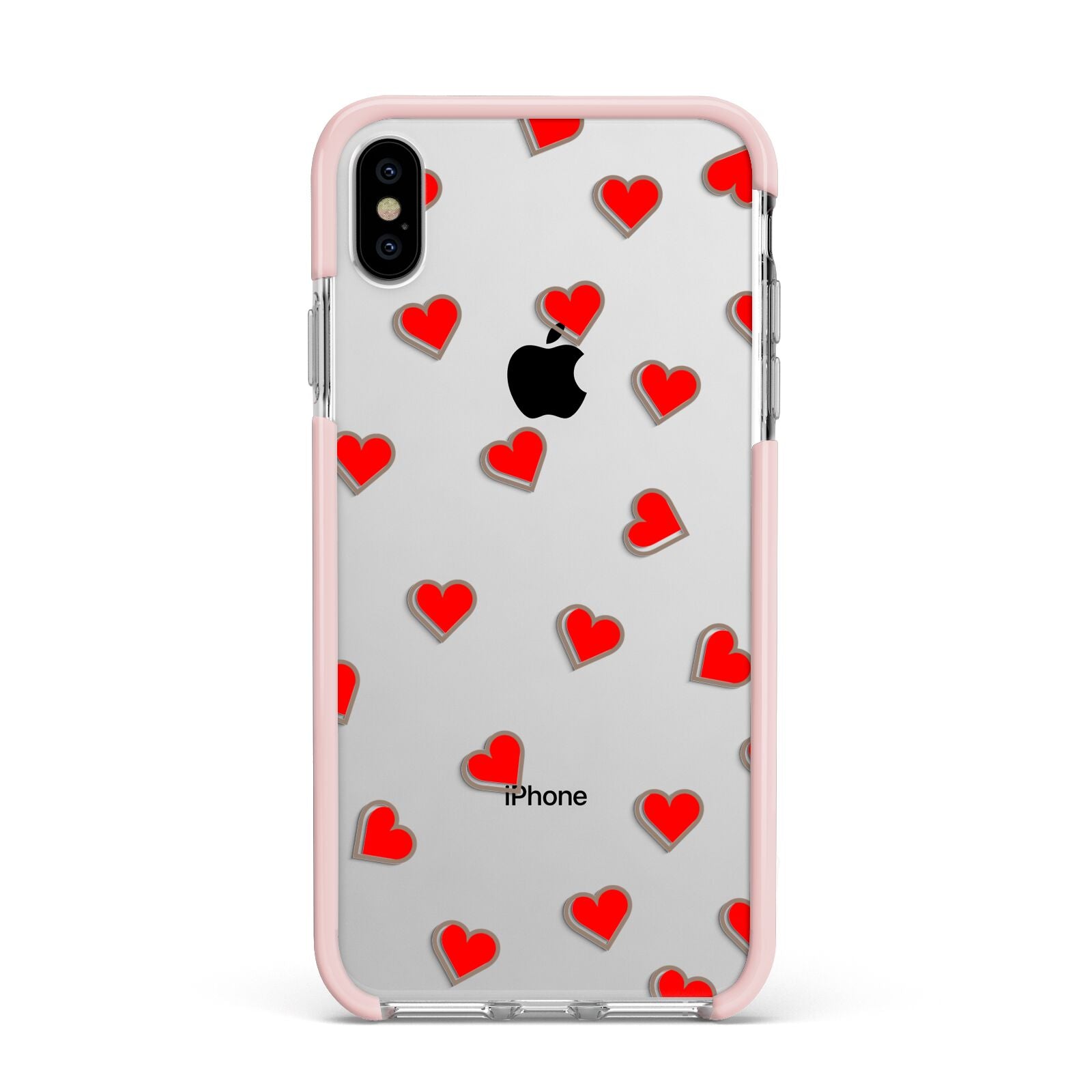 Cute Red Hearts Apple iPhone Xs Max Impact Case Pink Edge on Silver Phone