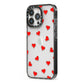 Cute Red Hearts iPhone 13 Pro Black Impact Case Side Angle on Silver phone