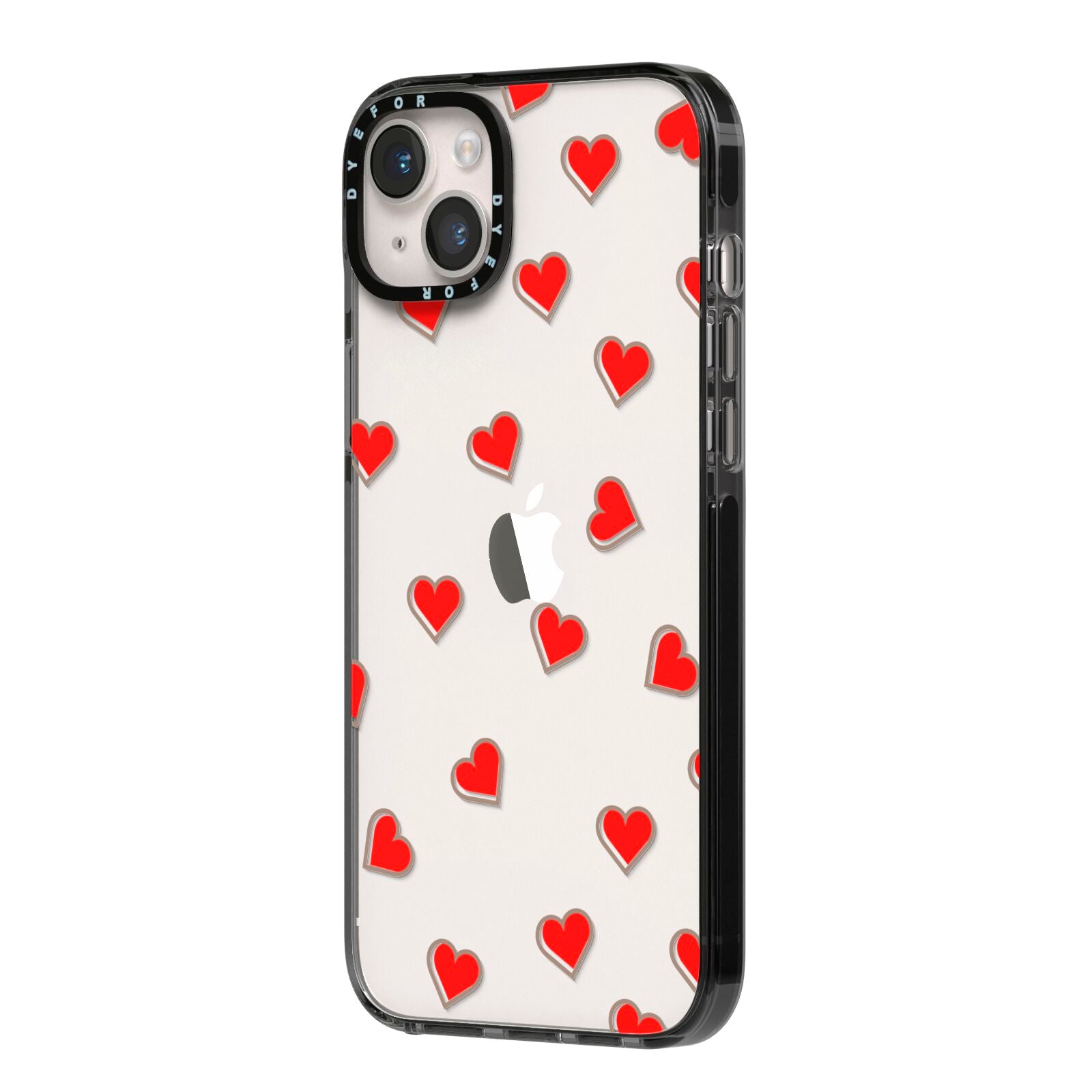 Cute Red Hearts iPhone 14 Plus Black Impact Case Side Angle on Silver phone