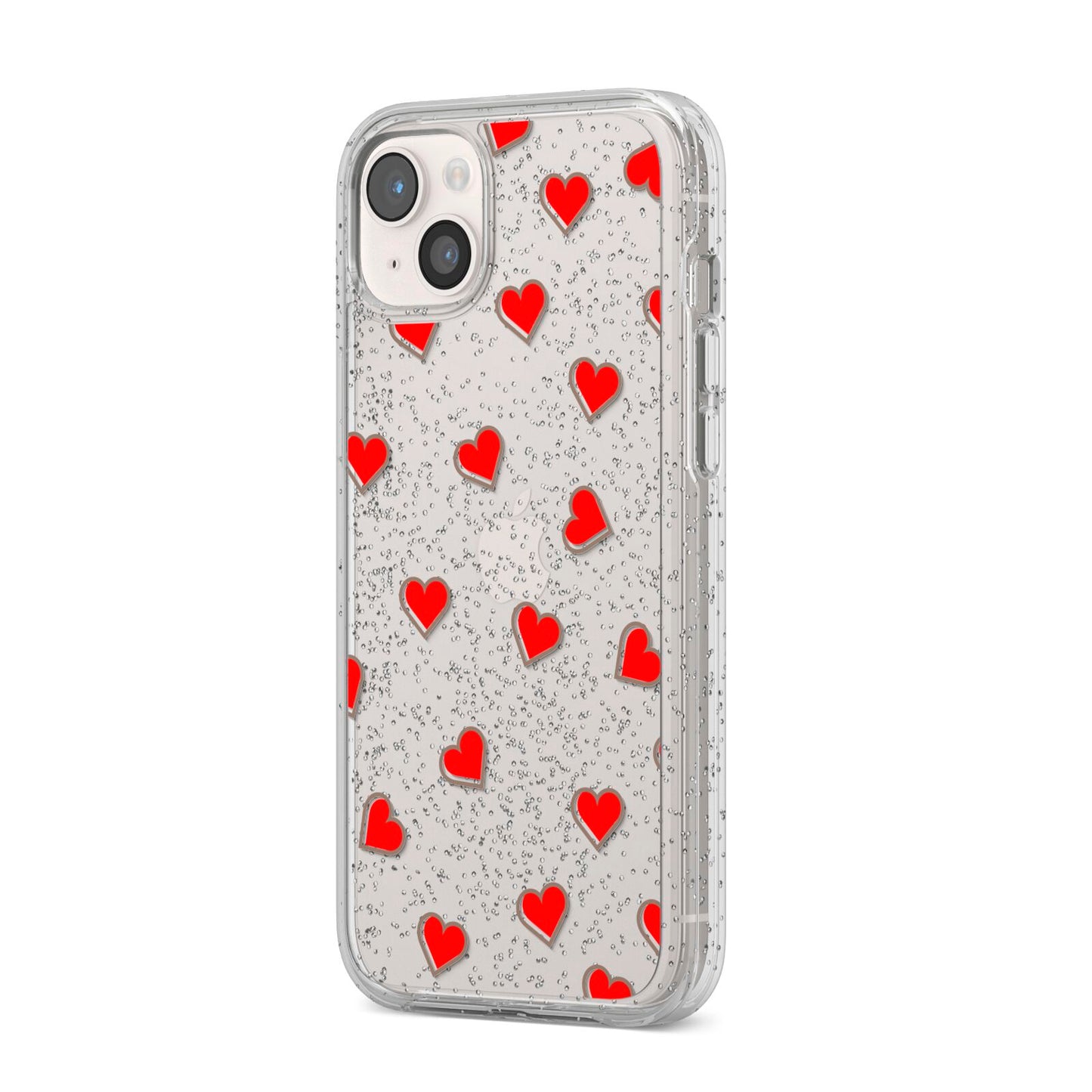 Cute Red Hearts iPhone 14 Plus Glitter Tough Case Starlight Angled Image
