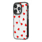 Cute Red Hearts iPhone 14 Pro Black Impact Case Side Angle on Silver phone
