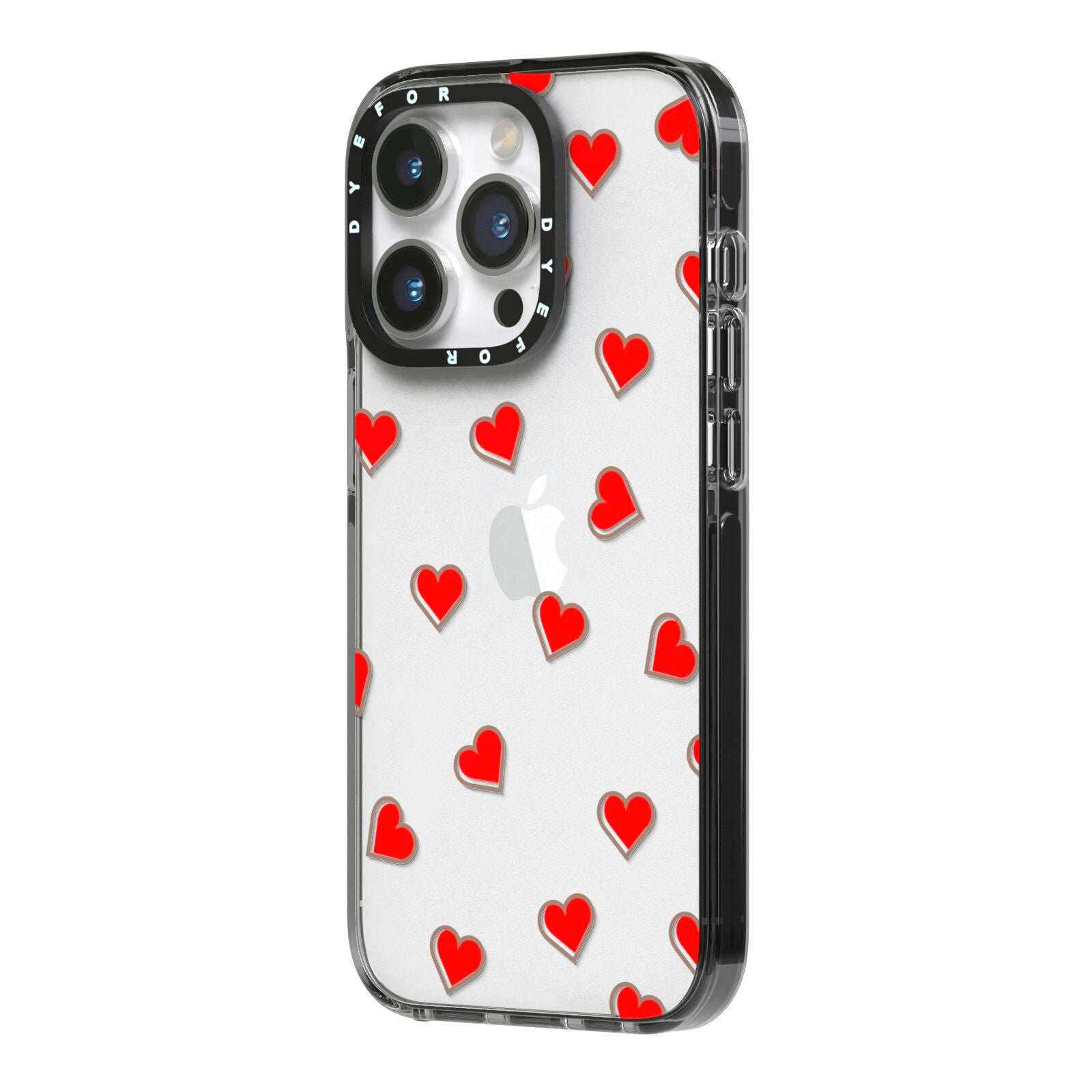 Cute Red Hearts iPhone 14 Pro Black Impact Case Side Angle on Silver phone