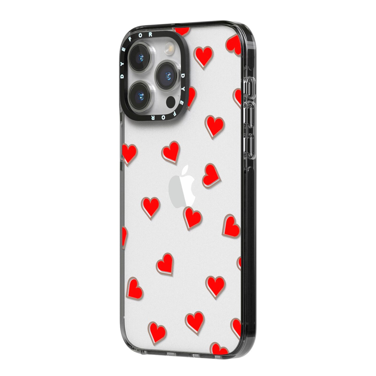 Cute Red Hearts iPhone 14 Pro Max Black Impact Case Side Angle on Silver phone