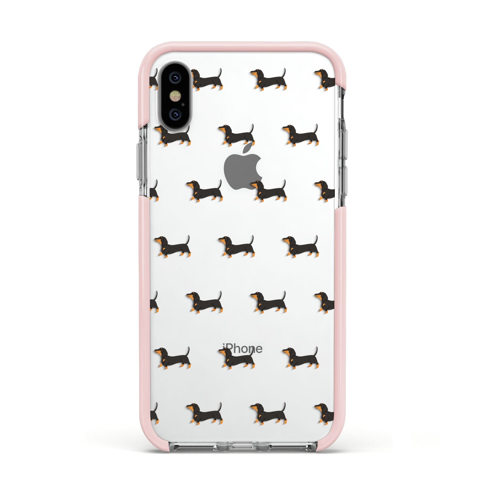 Dachshund Apple iPhone Xs Impact Case Pink Edge on Silver Phone