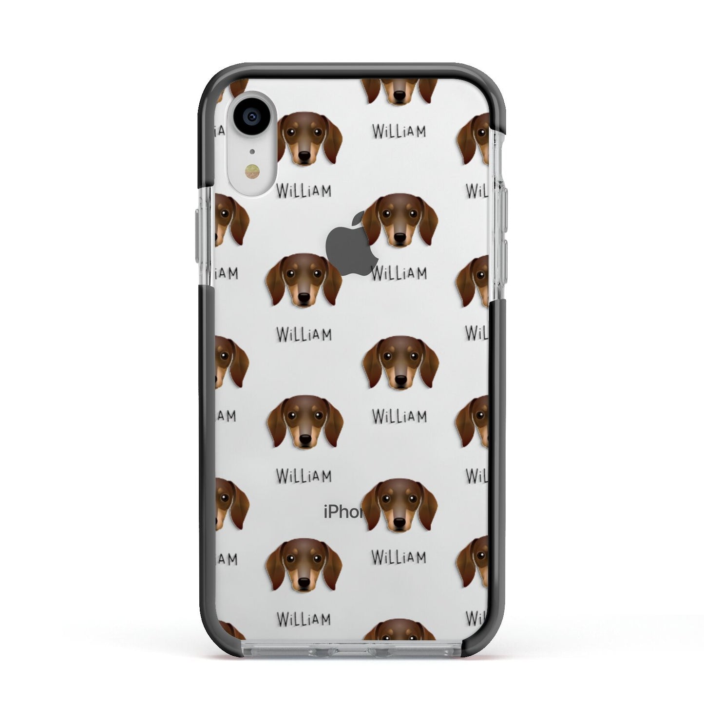 Dachshund Icon with Name Apple iPhone XR Impact Case Black Edge on Silver Phone