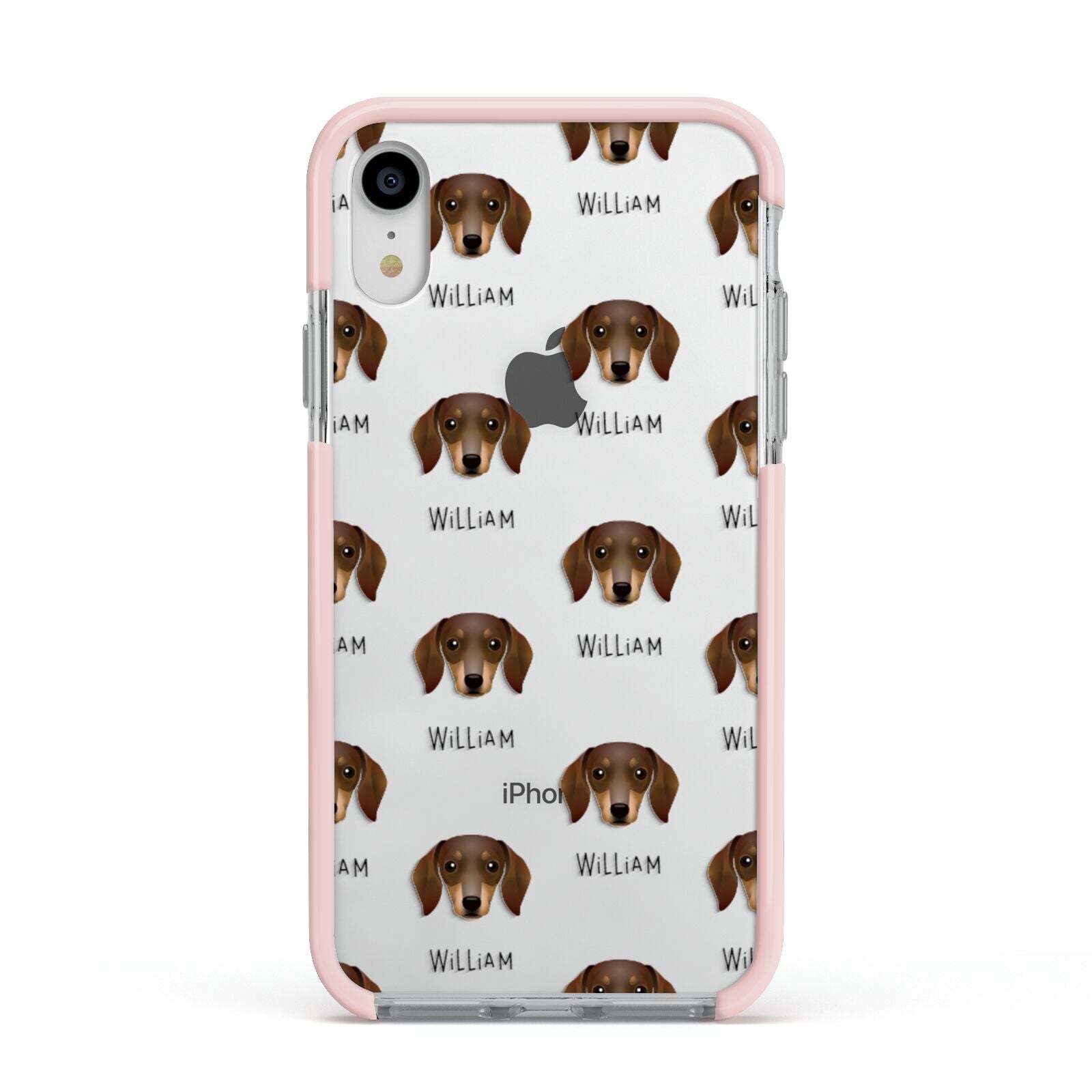 Dachshund Icon with Name Apple iPhone XR Impact Case Pink Edge on Silver Phone