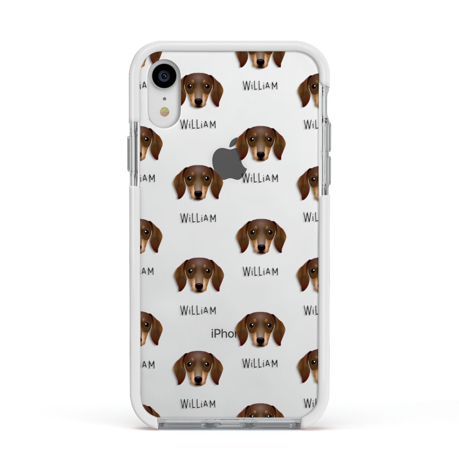 Dachshund Icon with Name Apple iPhone XR Impact Case White Edge on Silver Phone