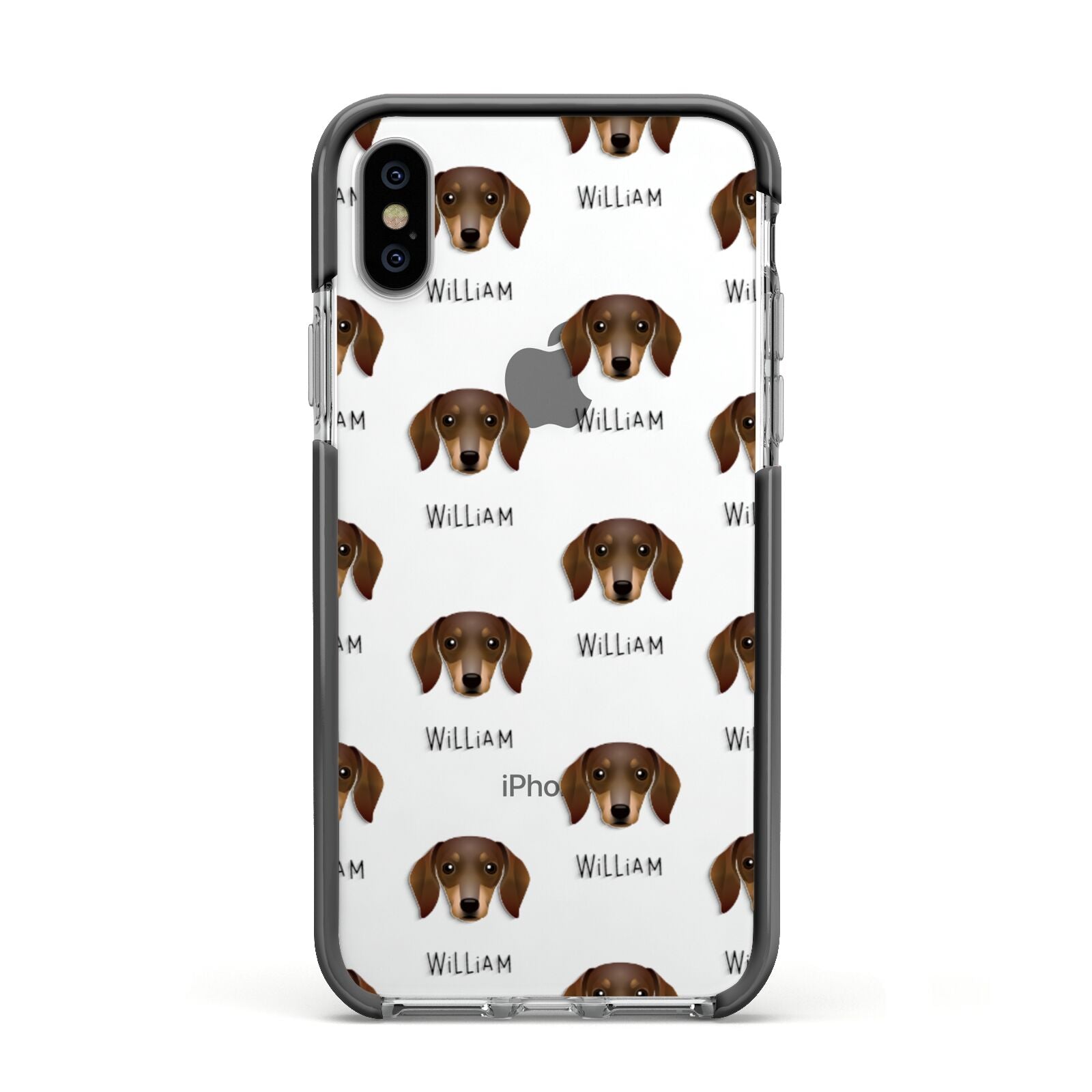 Dachshund Icon with Name Apple iPhone Xs Impact Case Black Edge on Silver Phone