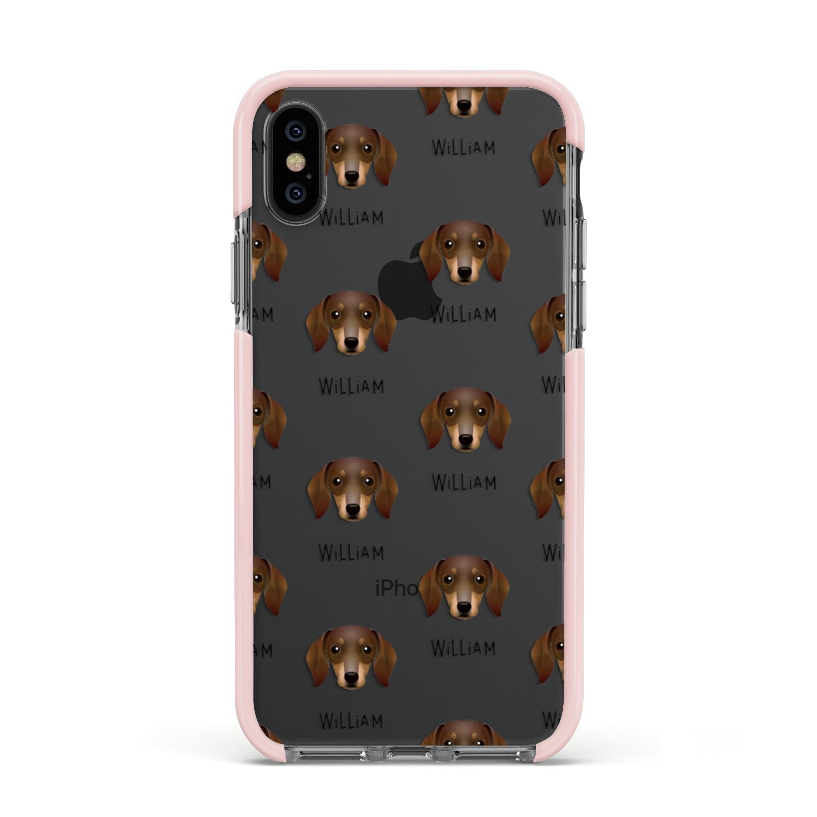 Dachshund Icon with Name Apple iPhone Xs Impact Case Pink Edge on Black Phone