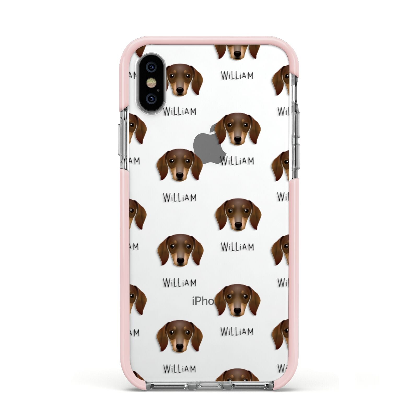 Dachshund Icon with Name Apple iPhone Xs Impact Case Pink Edge on Silver Phone