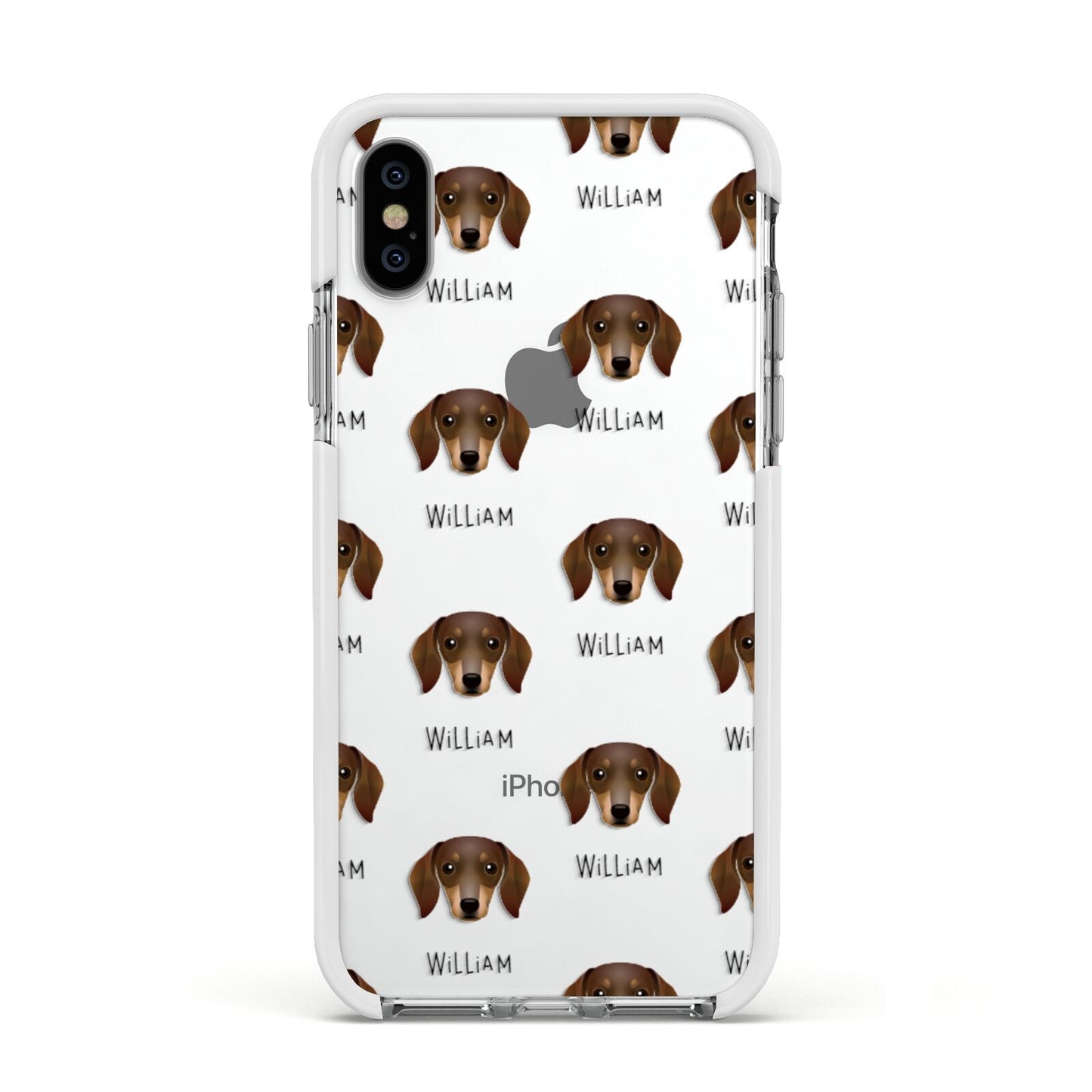 Dachshund Icon with Name Apple iPhone Xs Impact Case White Edge on Silver Phone
