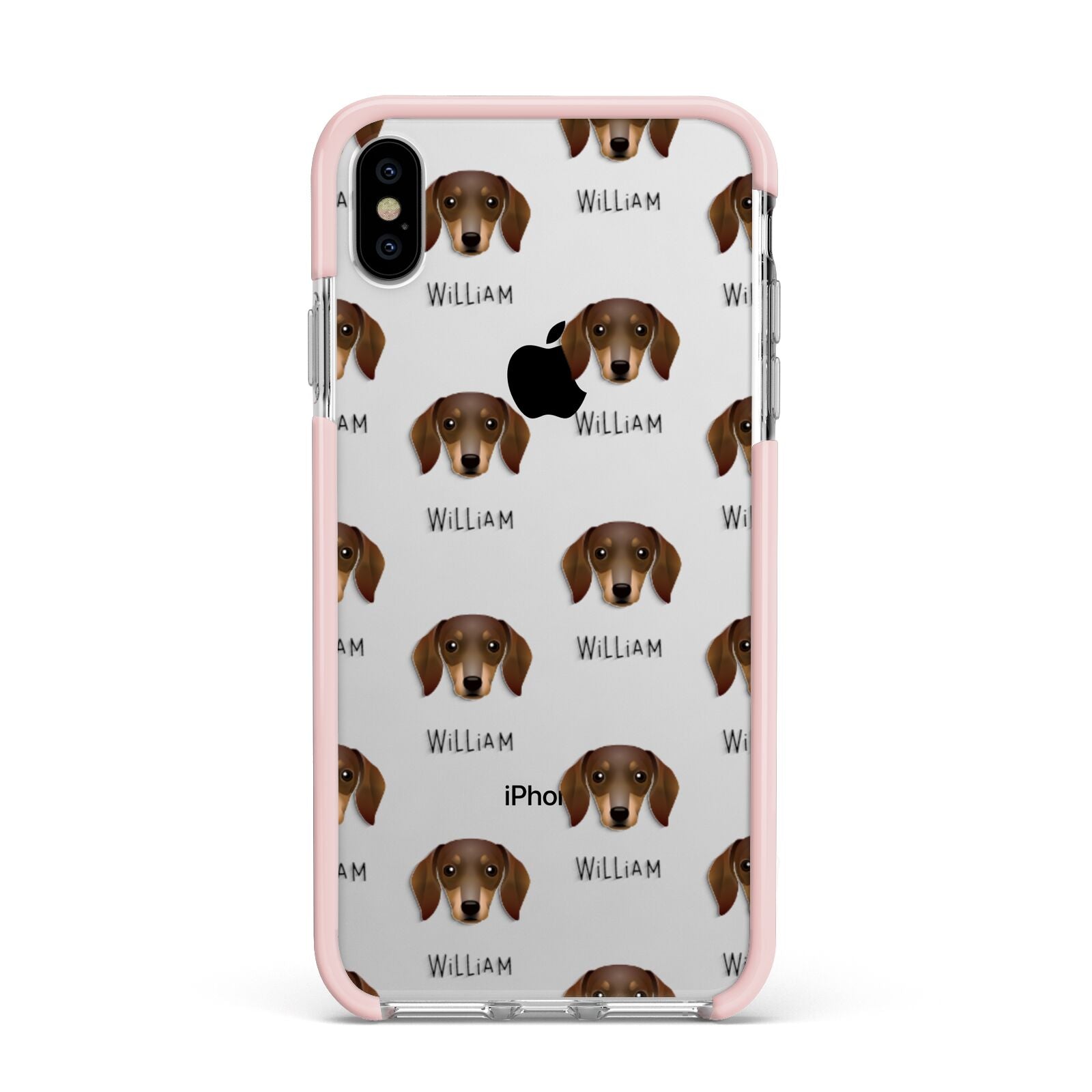Dachshund Icon with Name Apple iPhone Xs Max Impact Case Pink Edge on Silver Phone