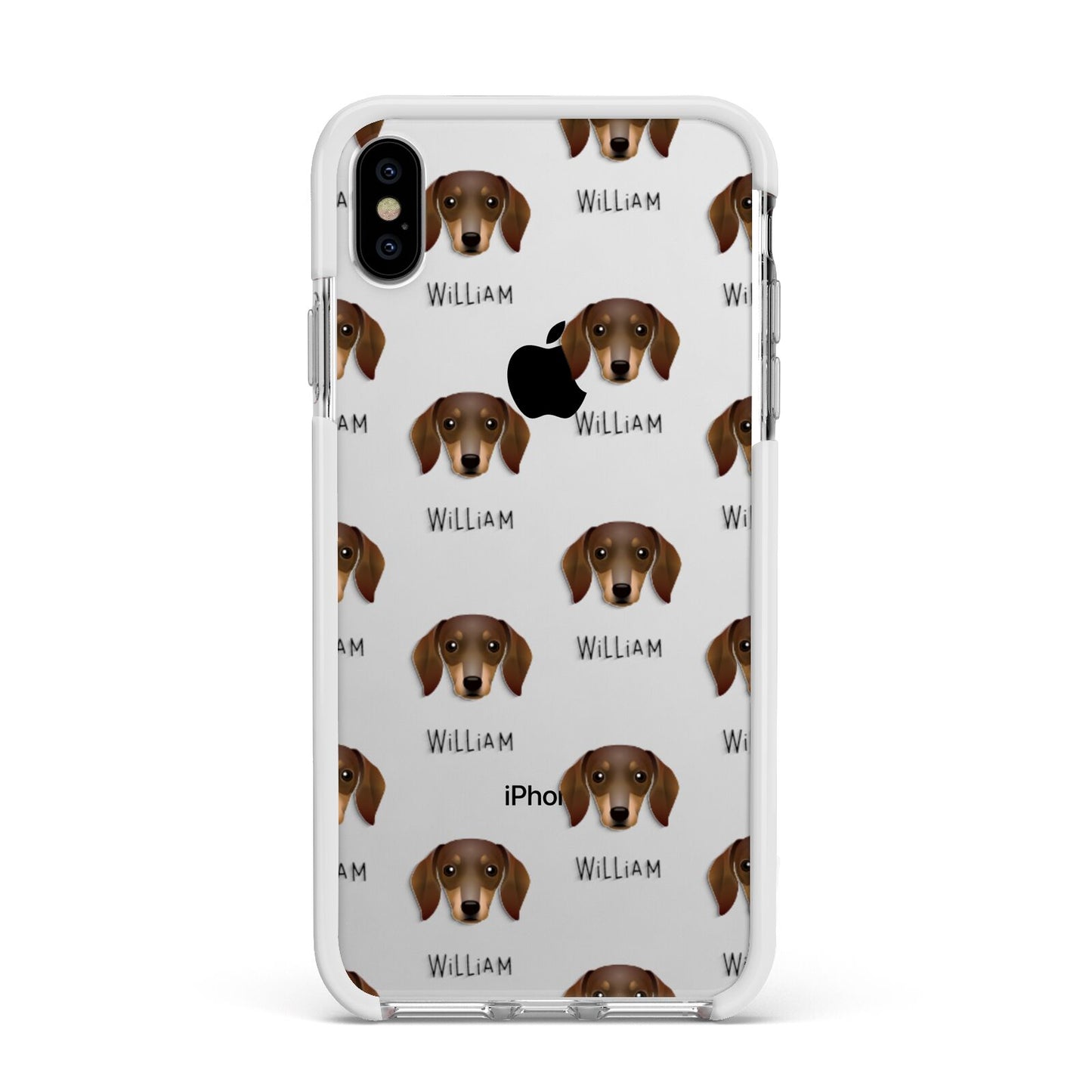 Dachshund Icon with Name Apple iPhone Xs Max Impact Case White Edge on Silver Phone