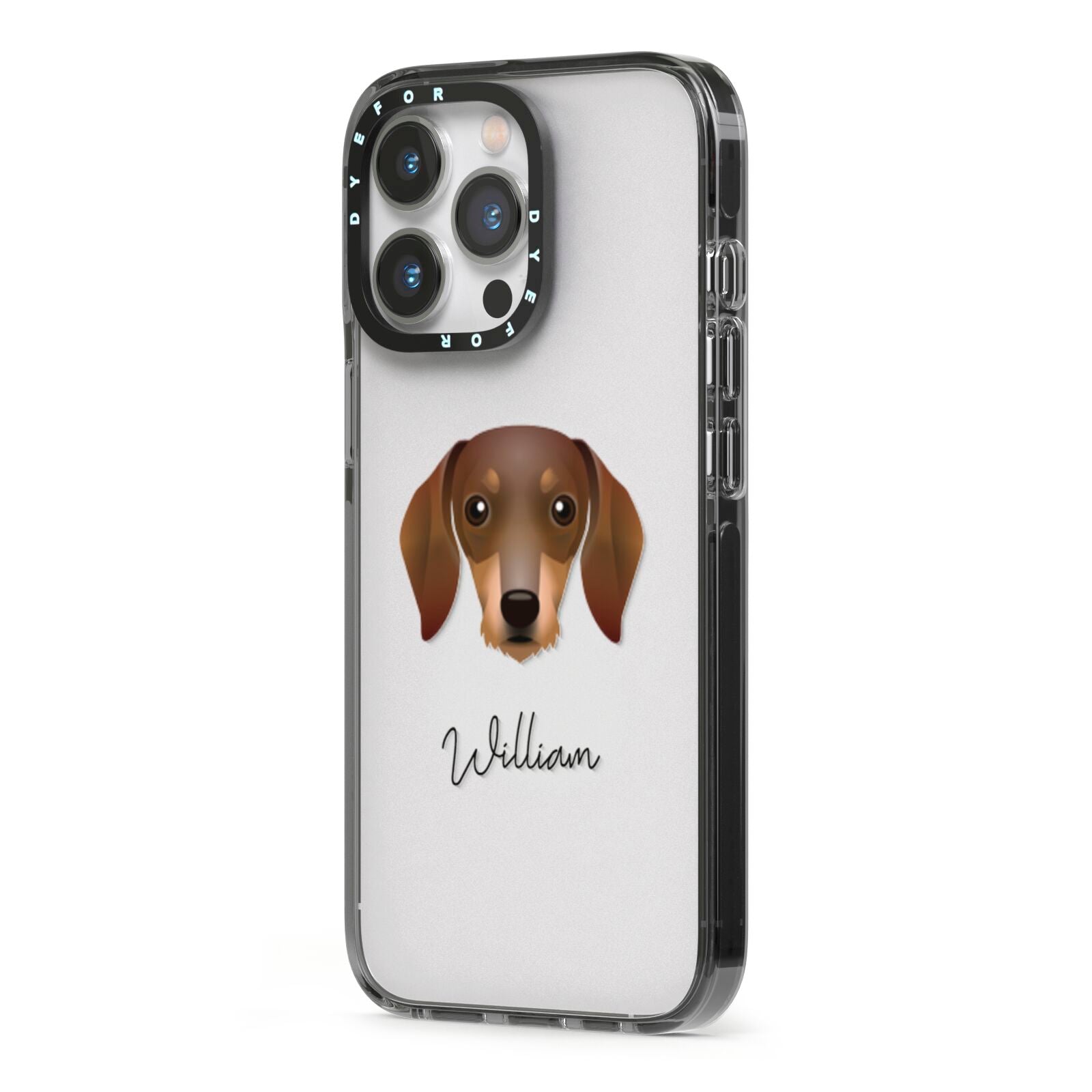 Dachshund Personalised iPhone 13 Pro Black Impact Case Side Angle on Silver phone