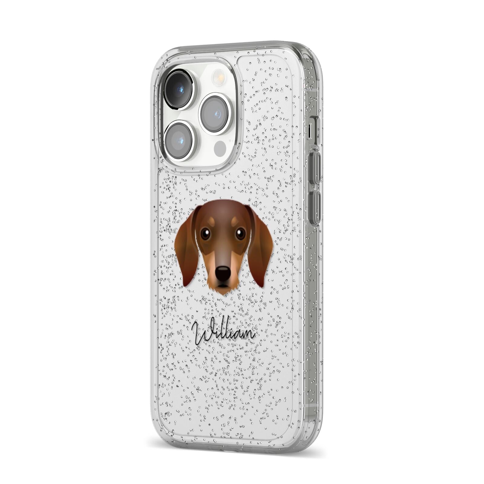 Dachshund Personalised iPhone 14 Pro Glitter Tough Case Silver Angled Image