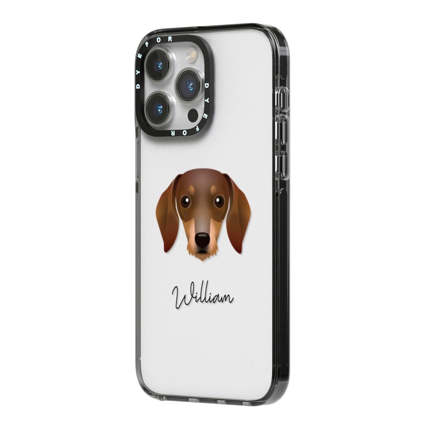 Dachshund Personalised iPhone 14 Pro Max Black Impact Case Side Angle on Silver phone