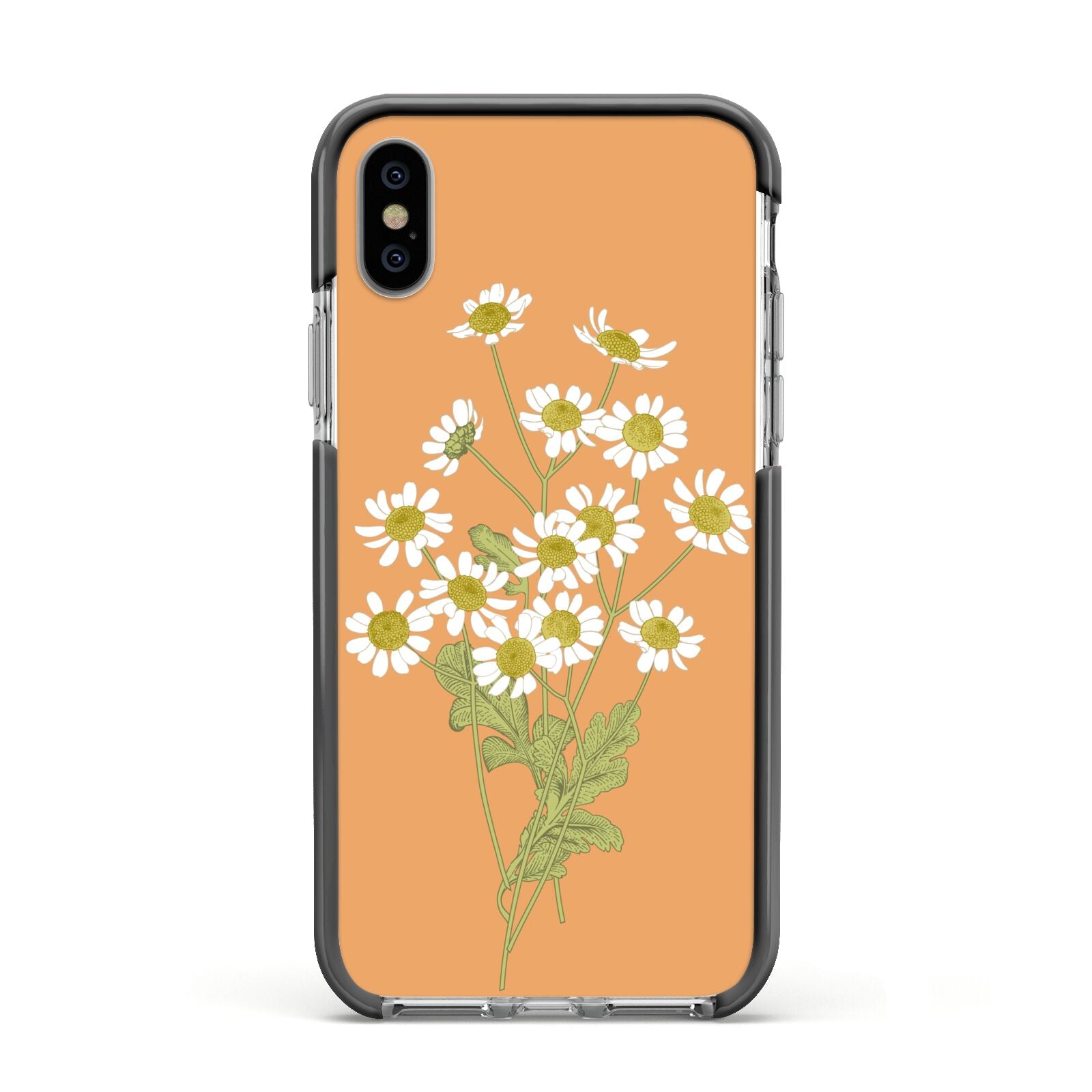 Daisies Apple iPhone Xs Impact Case Black Edge on Silver Phone