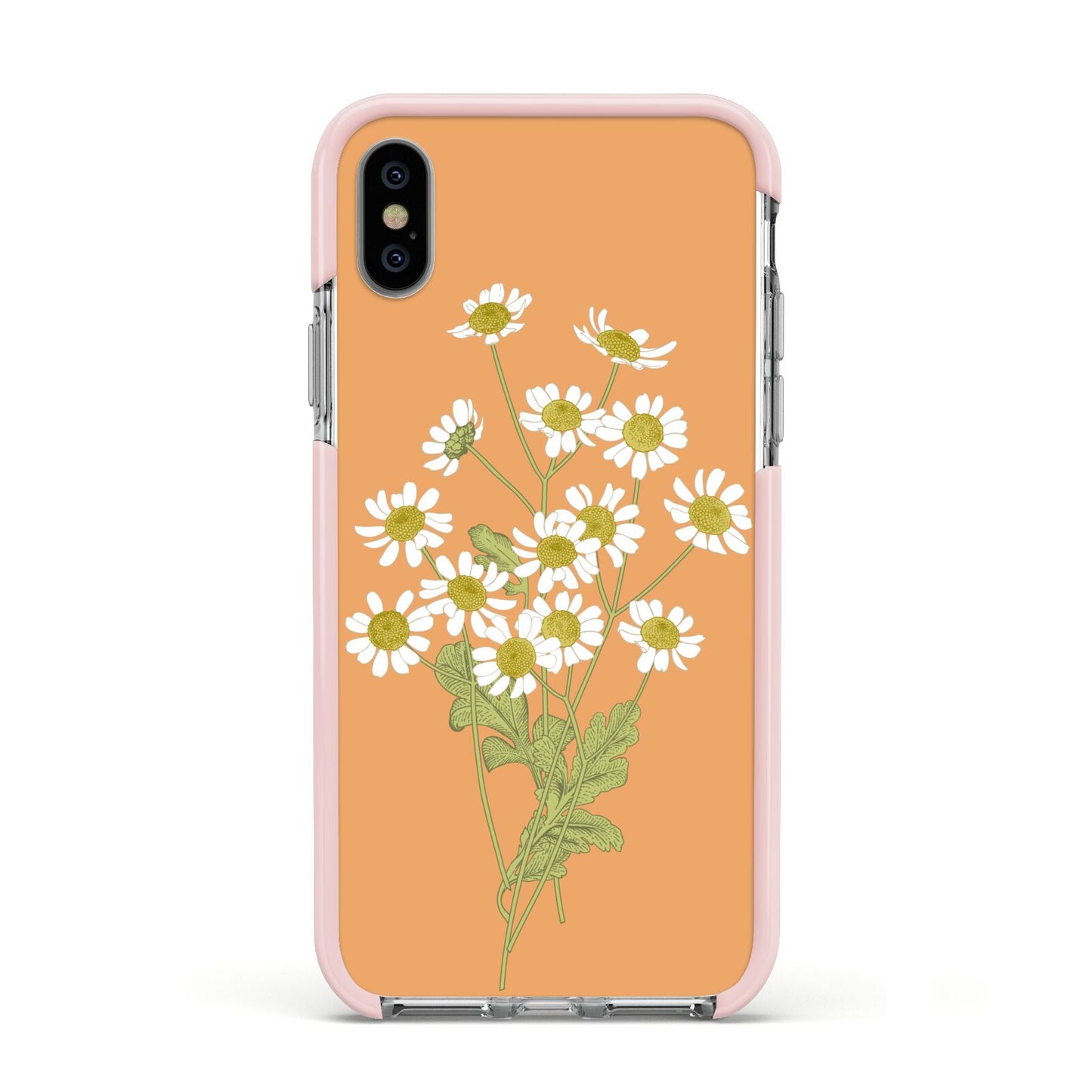 Daisies Apple iPhone Xs Impact Case Pink Edge on Silver Phone