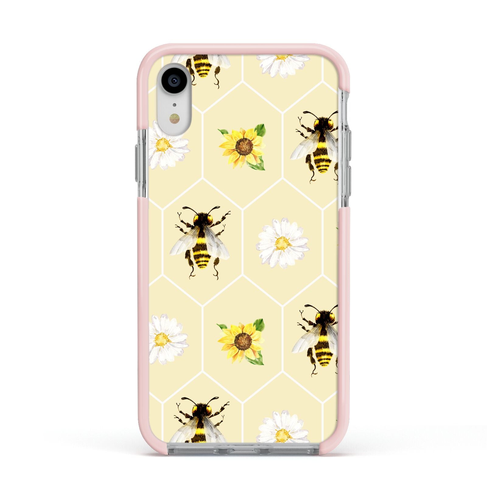 Daisies Bees and Sunflowers Apple iPhone XR Impact Case Pink Edge on Silver Phone
