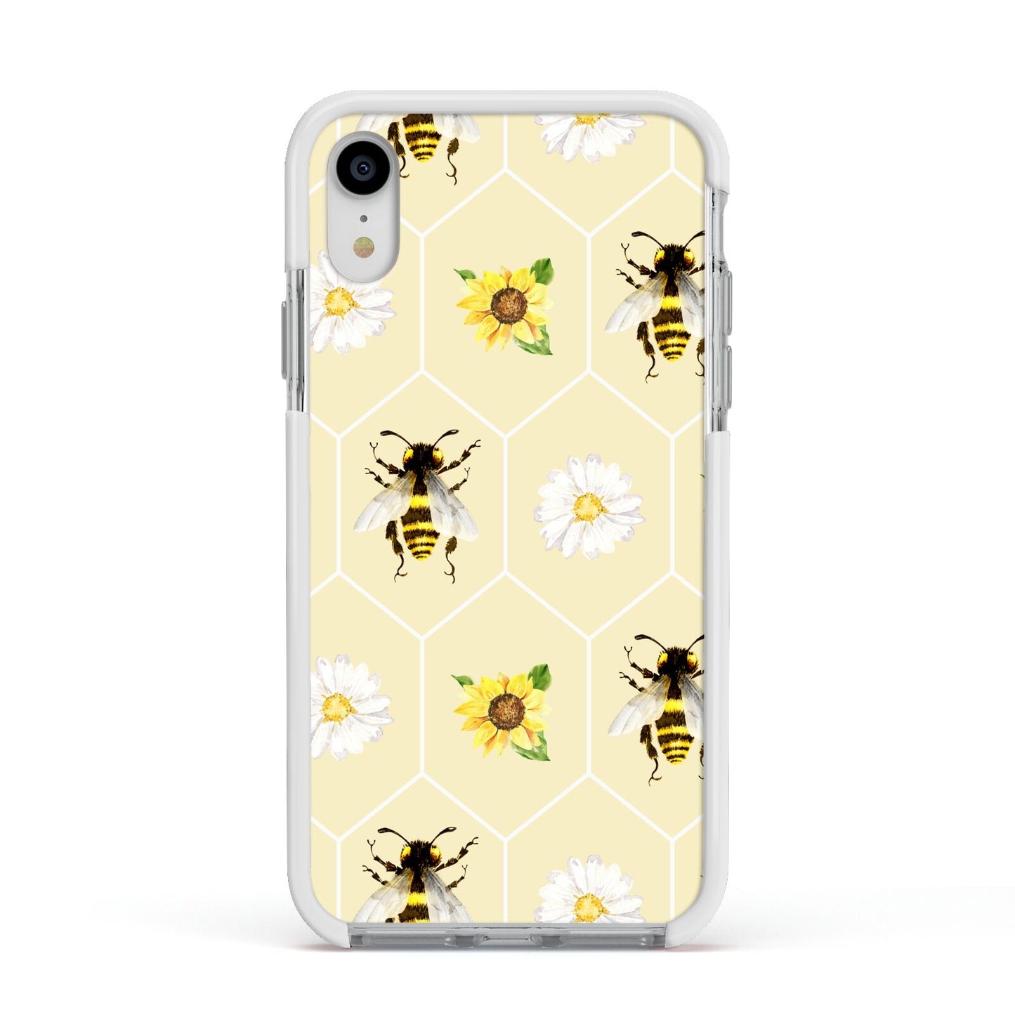 Daisies Bees and Sunflowers Apple iPhone XR Impact Case White Edge on Silver Phone