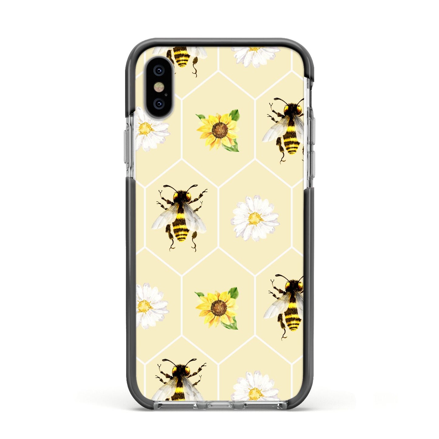 Daisies Bees and Sunflowers Apple iPhone Xs Impact Case Black Edge on Silver Phone