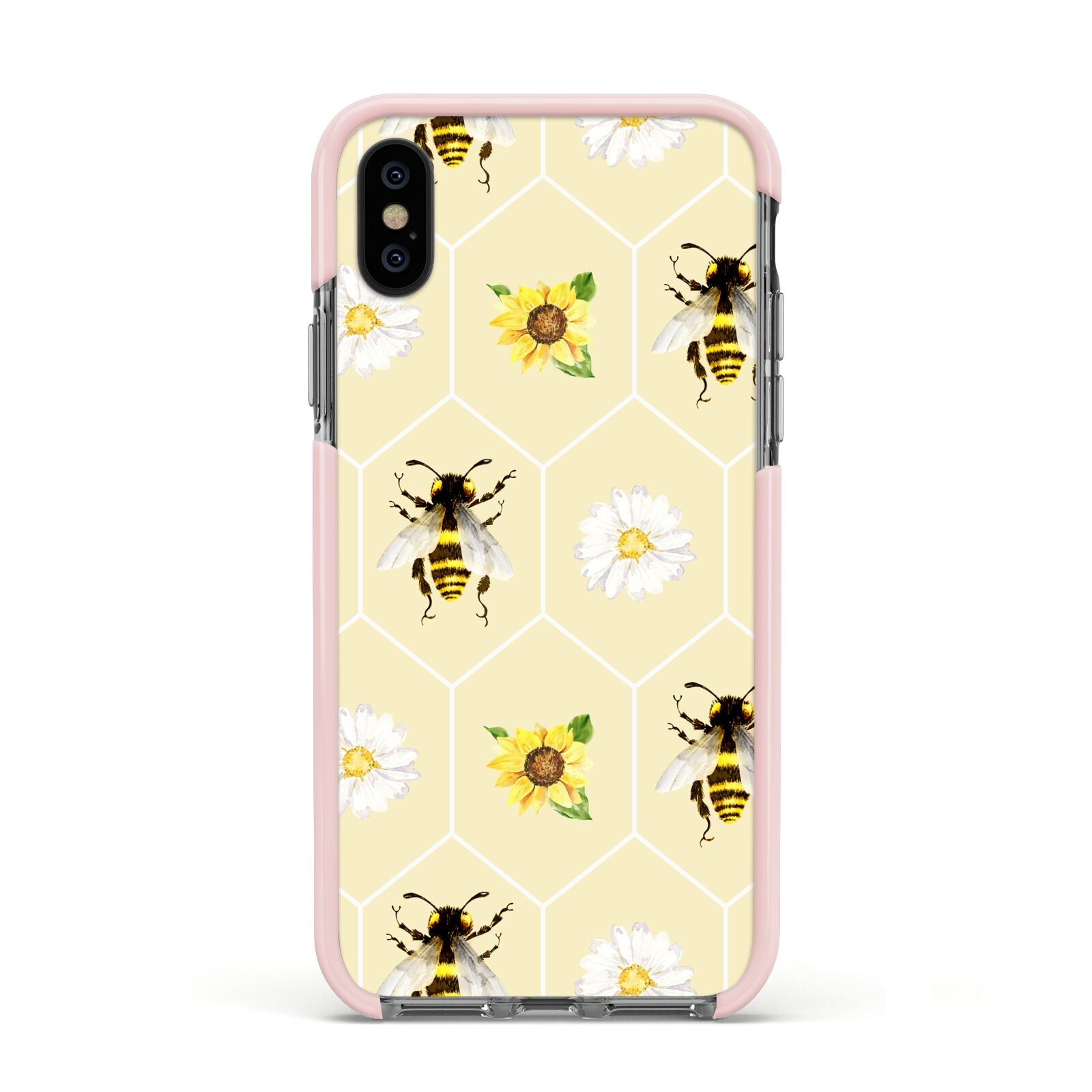 Daisies Bees and Sunflowers Apple iPhone Xs Impact Case Pink Edge on Black Phone