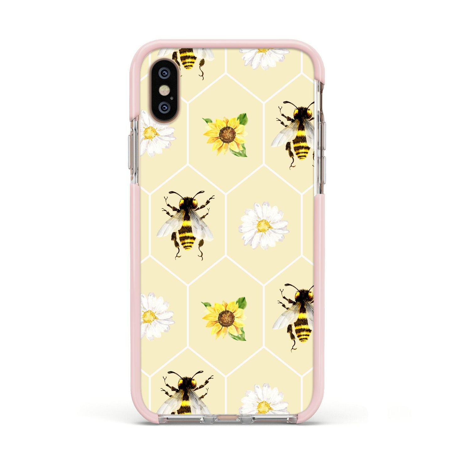 Daisies Bees and Sunflowers Apple iPhone Xs Impact Case Pink Edge on Gold Phone