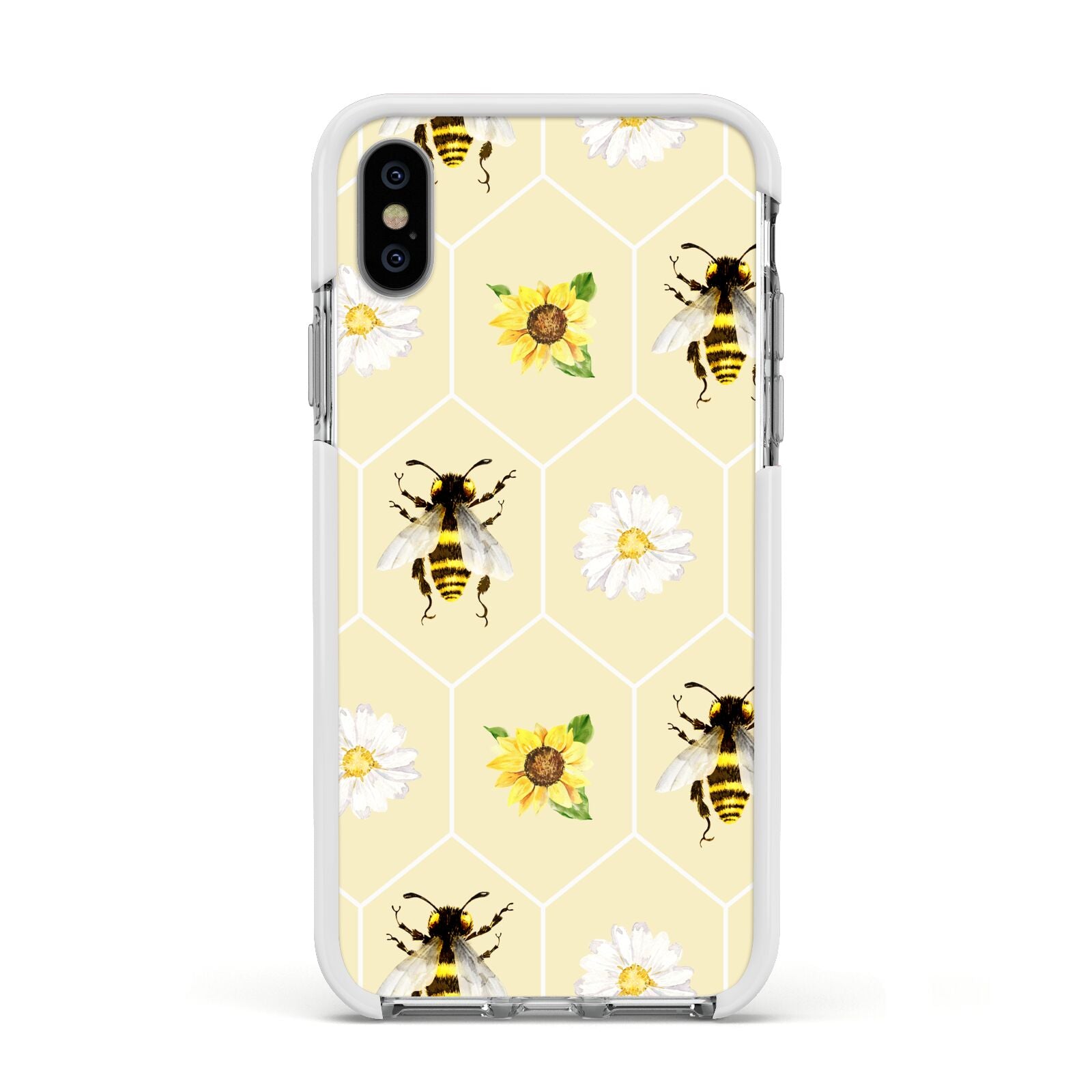 Daisies Bees and Sunflowers Apple iPhone Xs Impact Case White Edge on Silver Phone