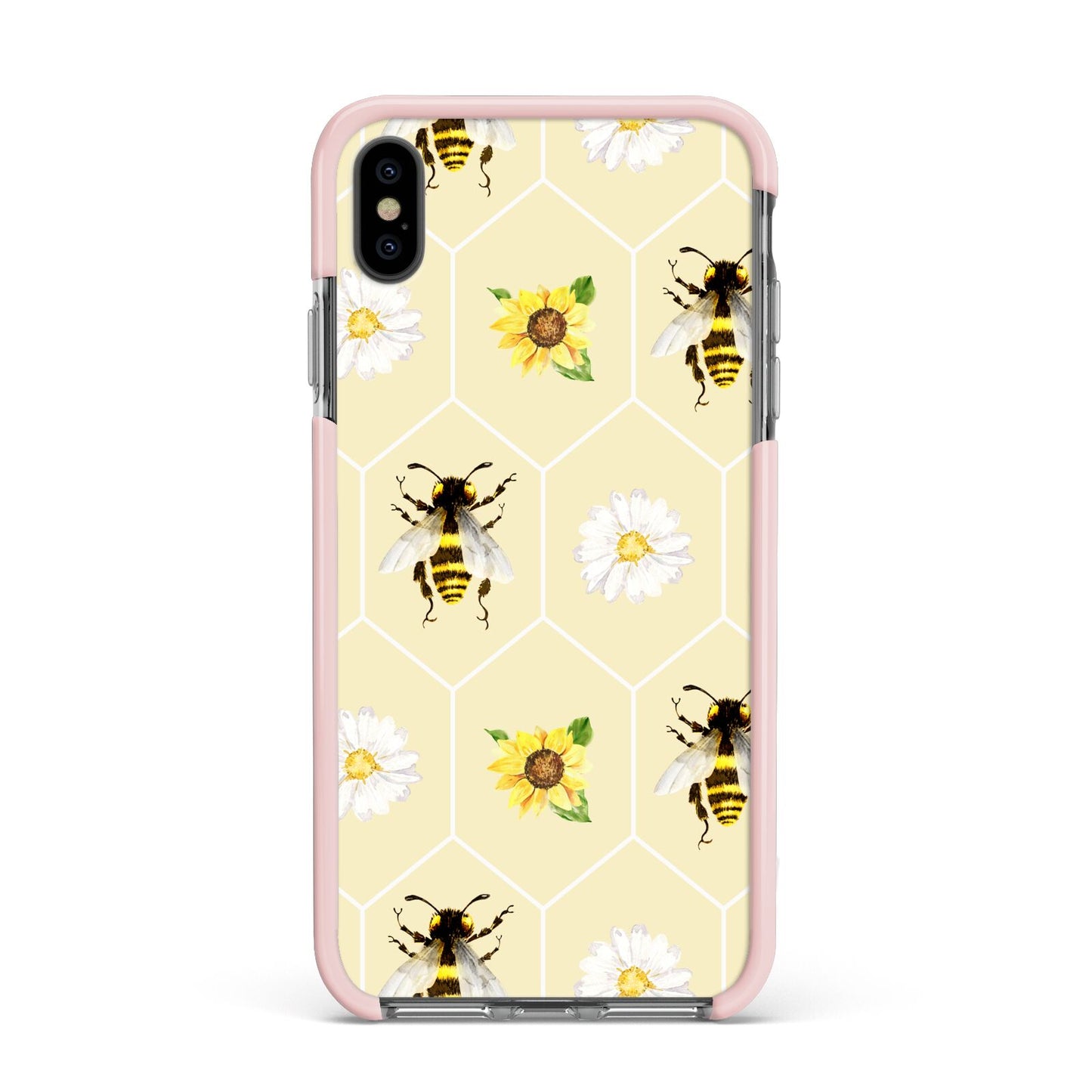 Daisies Bees and Sunflowers Apple iPhone Xs Max Impact Case Pink Edge on Black Phone