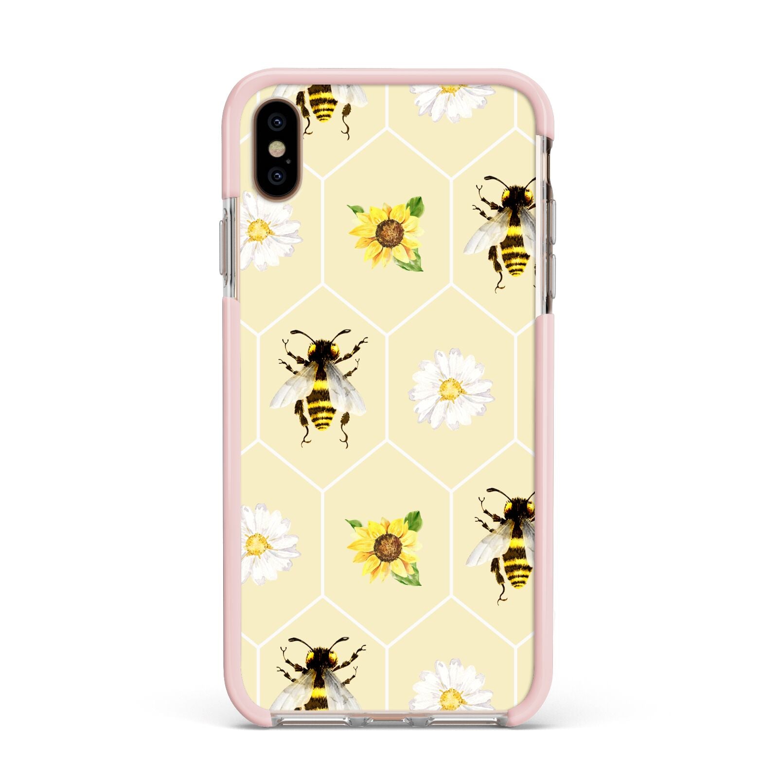Daisies Bees and Sunflowers Apple iPhone Xs Max Impact Case Pink Edge on Gold Phone