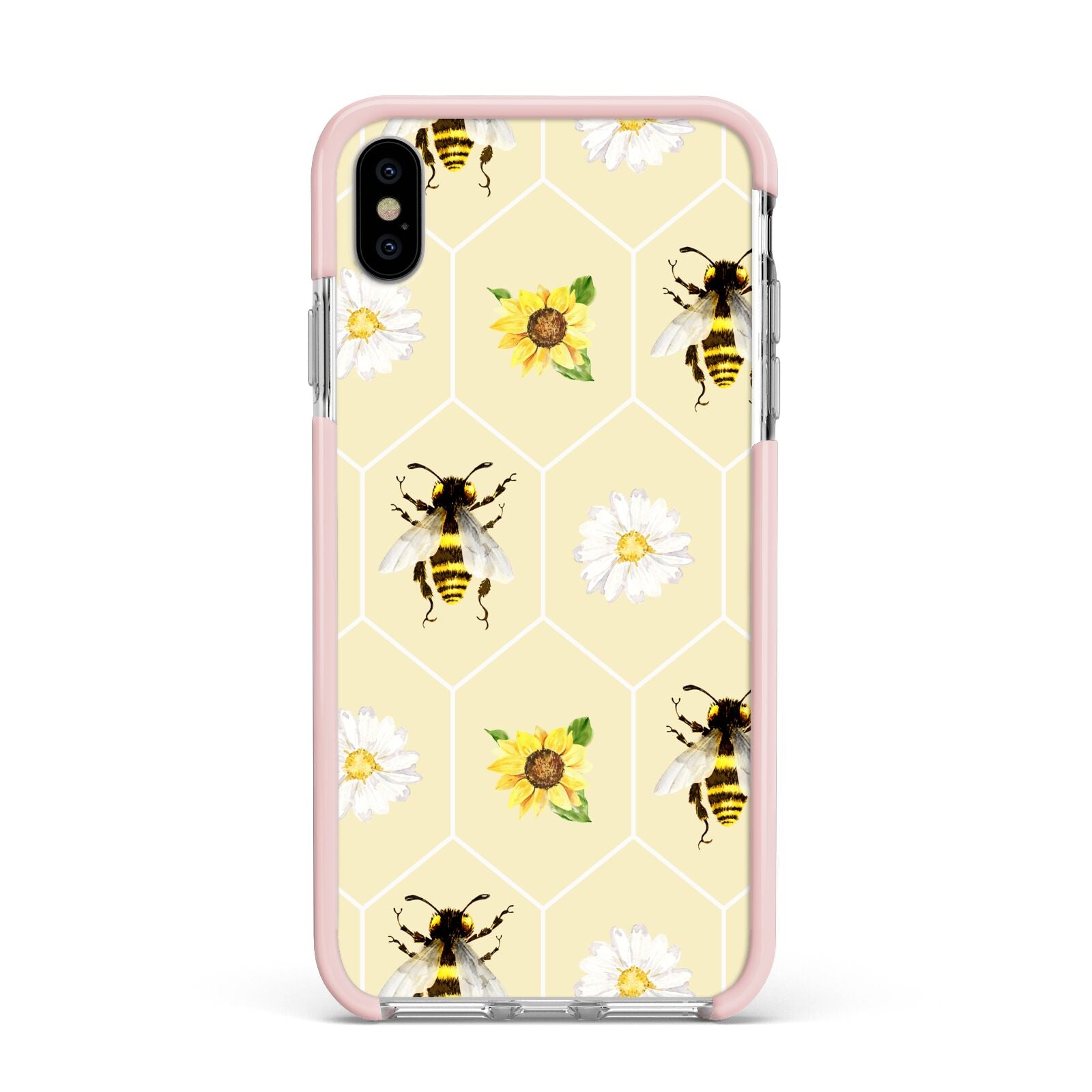 Daisies Bees and Sunflowers Apple iPhone Xs Max Impact Case Pink Edge on Silver Phone