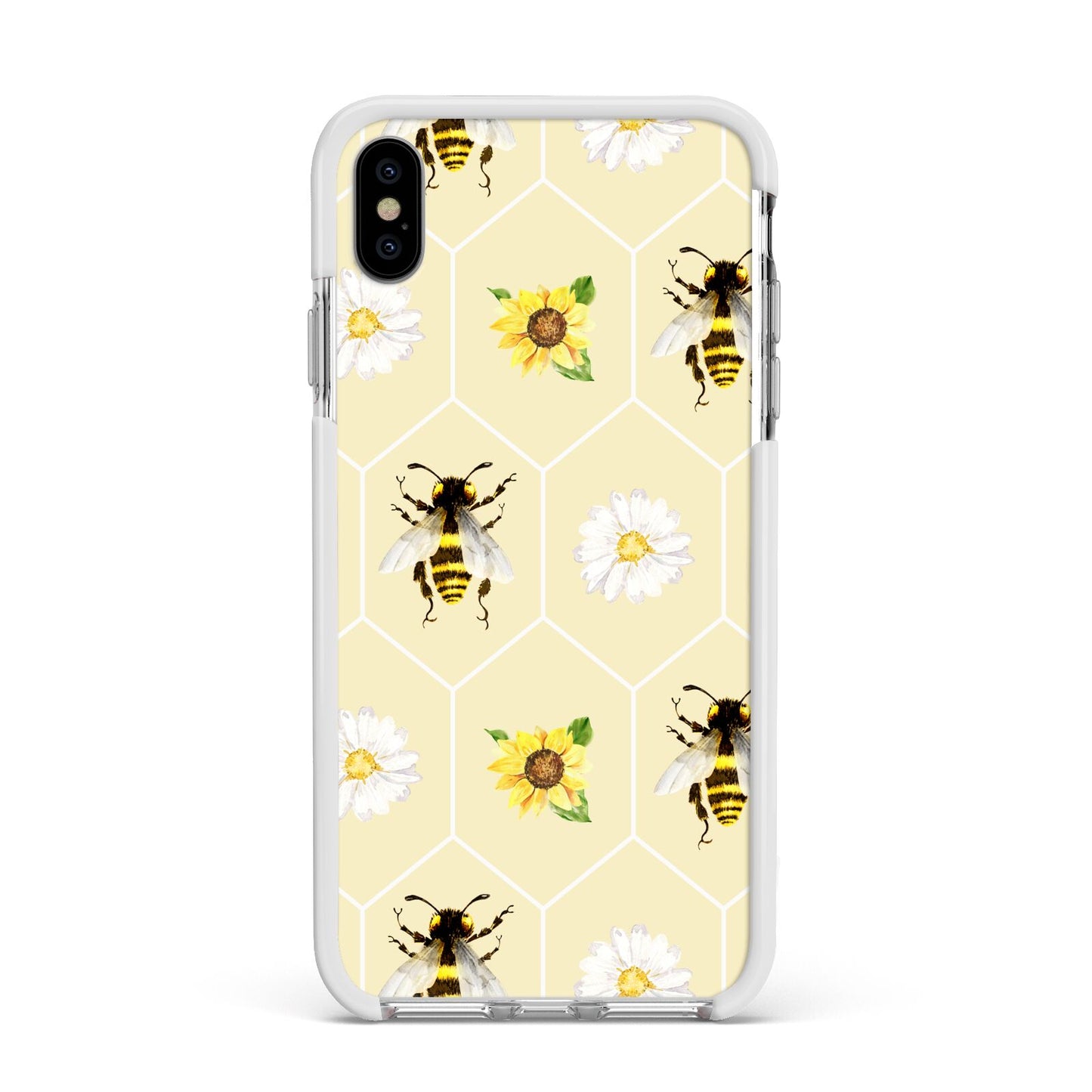 Daisies Bees and Sunflowers Apple iPhone Xs Max Impact Case White Edge on Silver Phone