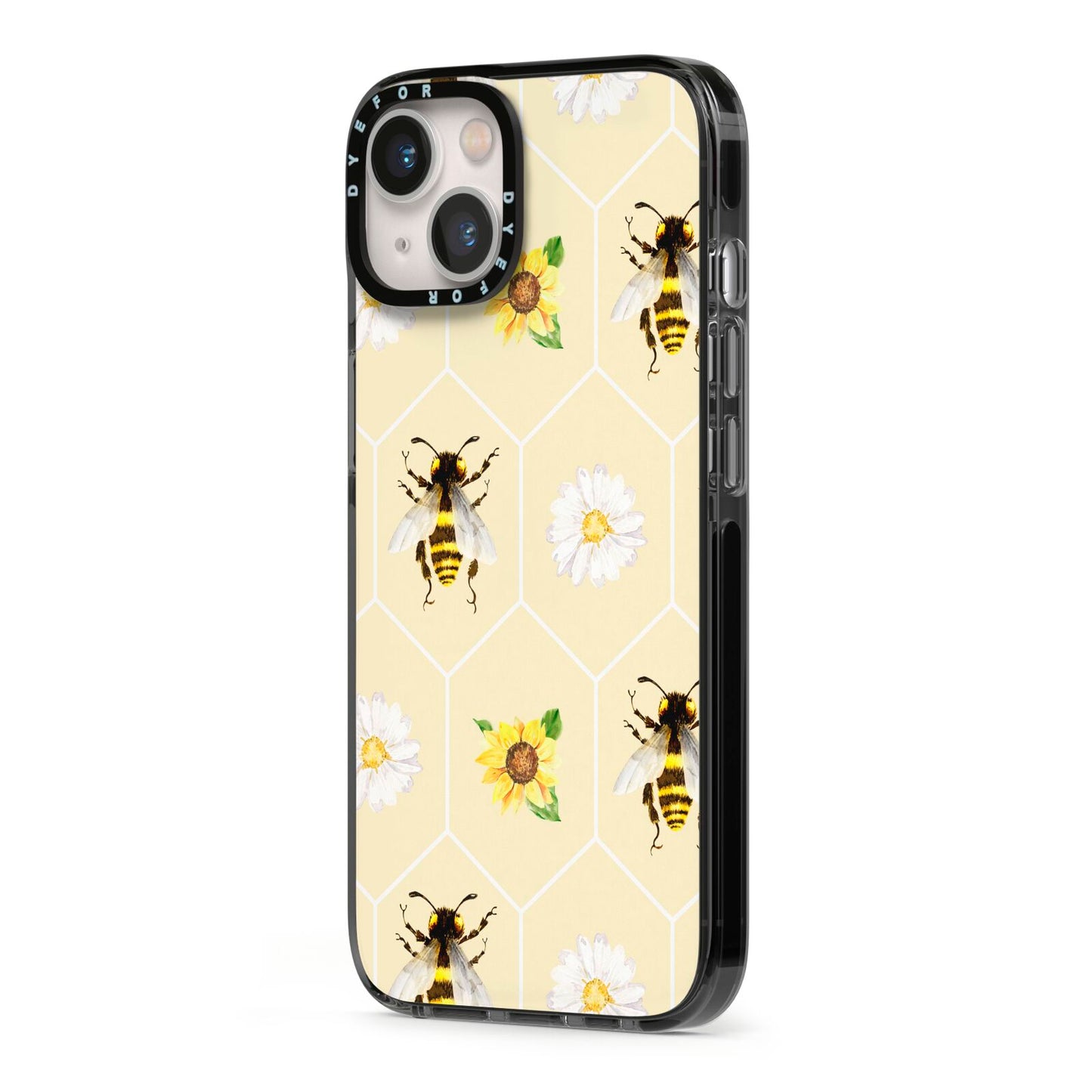 Daisies Bees and Sunflowers iPhone 13 Black Impact Case Side Angle on Silver phone
