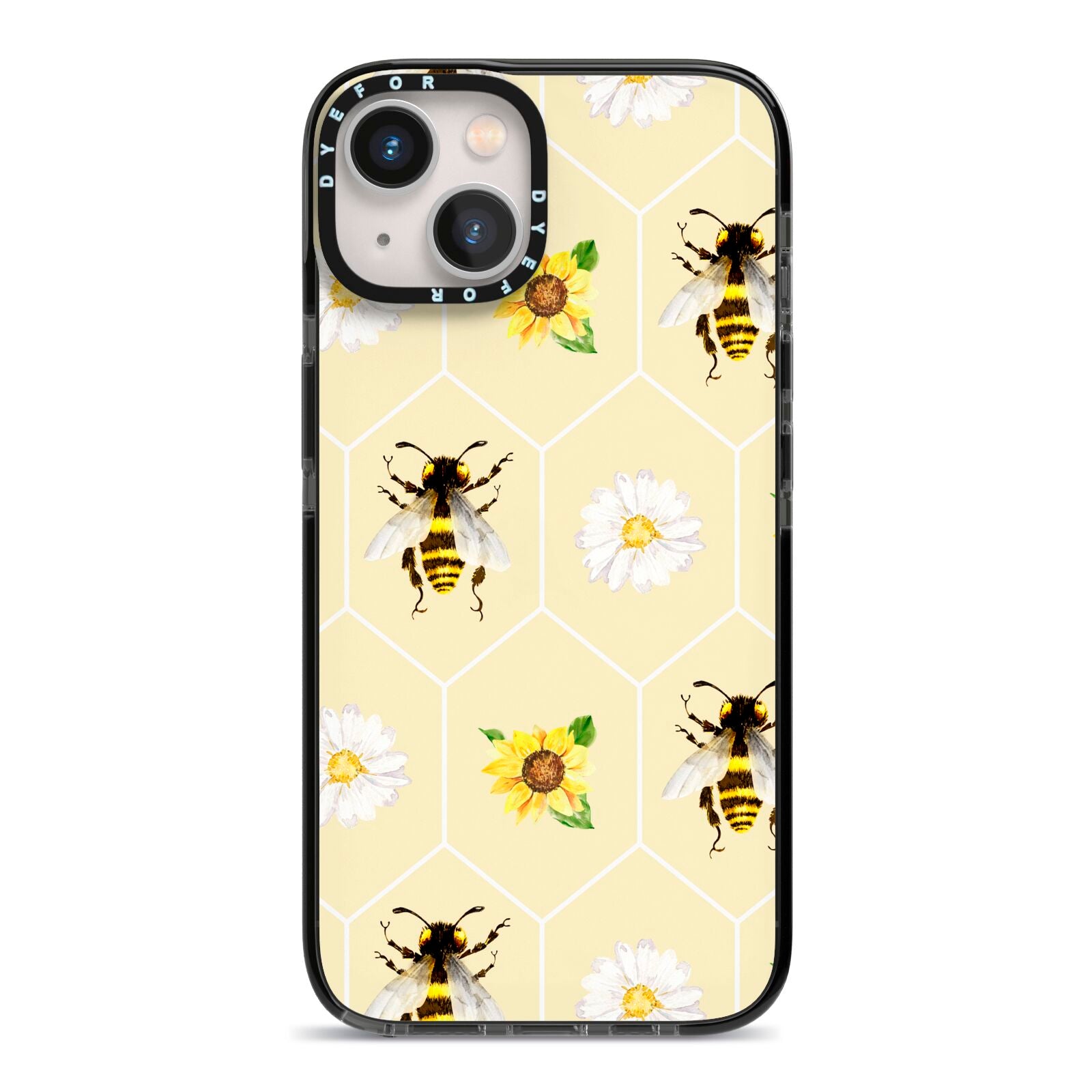 Daisies Bees and Sunflowers iPhone 13 Black Impact Case on Silver phone