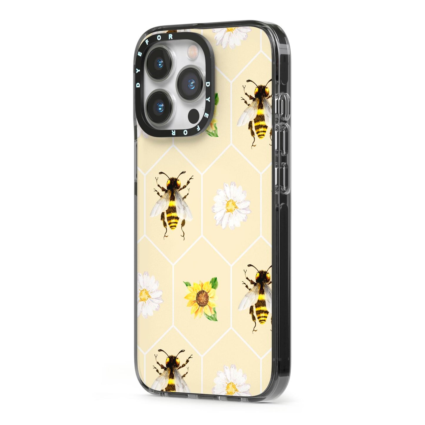 Daisies Bees and Sunflowers iPhone 13 Pro Black Impact Case Side Angle on Silver phone