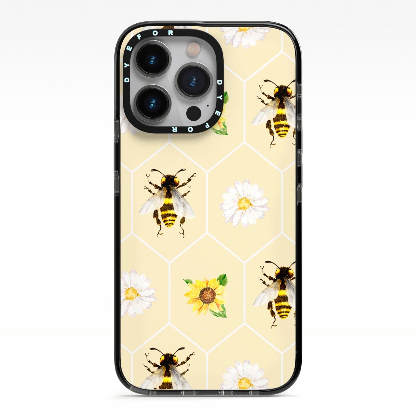 Daisies Bees and Sunflowers iPhone 13 Pro Black Impact Case on Silver phone